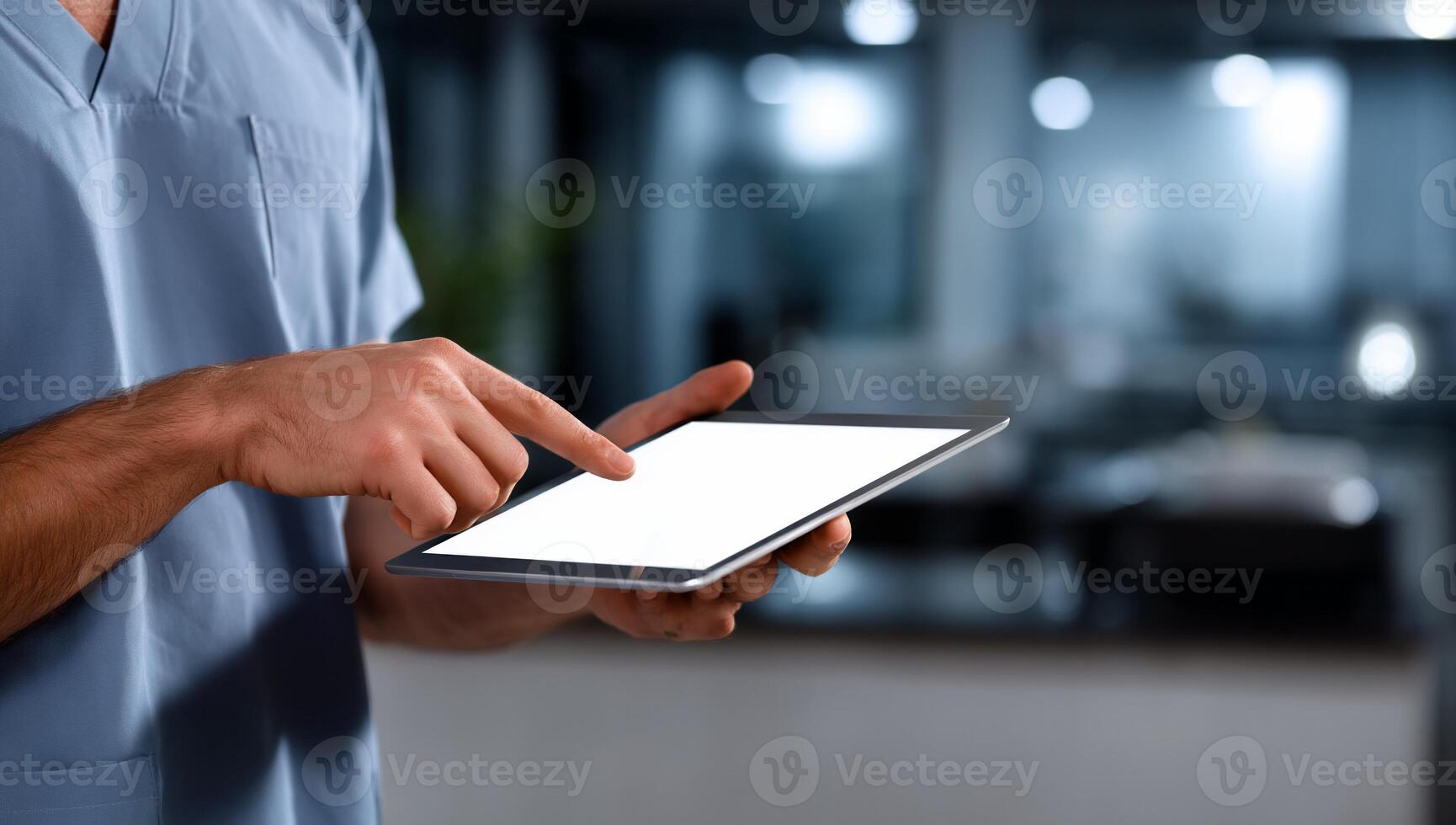 Doctor using tablet in clinic. A medical professional interacts with a blank digital tablet, in a modern clinic setting photo