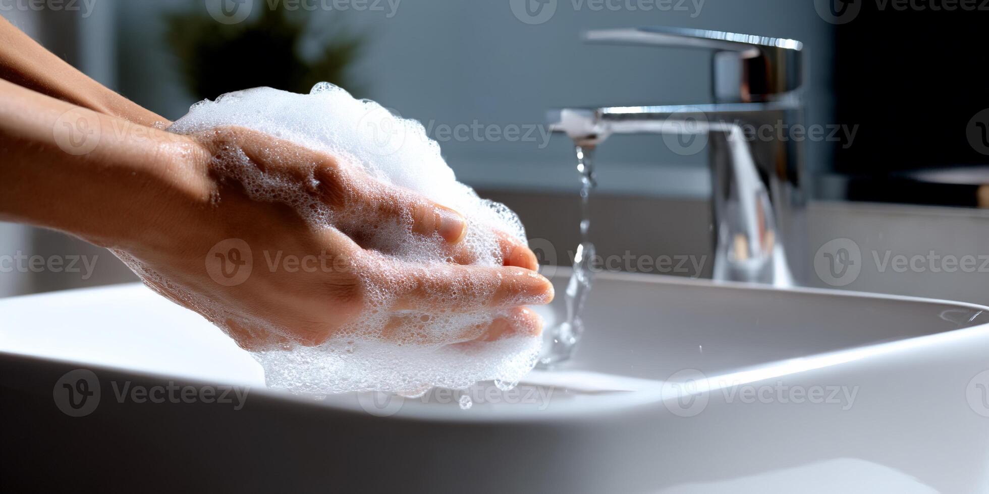 Hands washing with soap and water photo