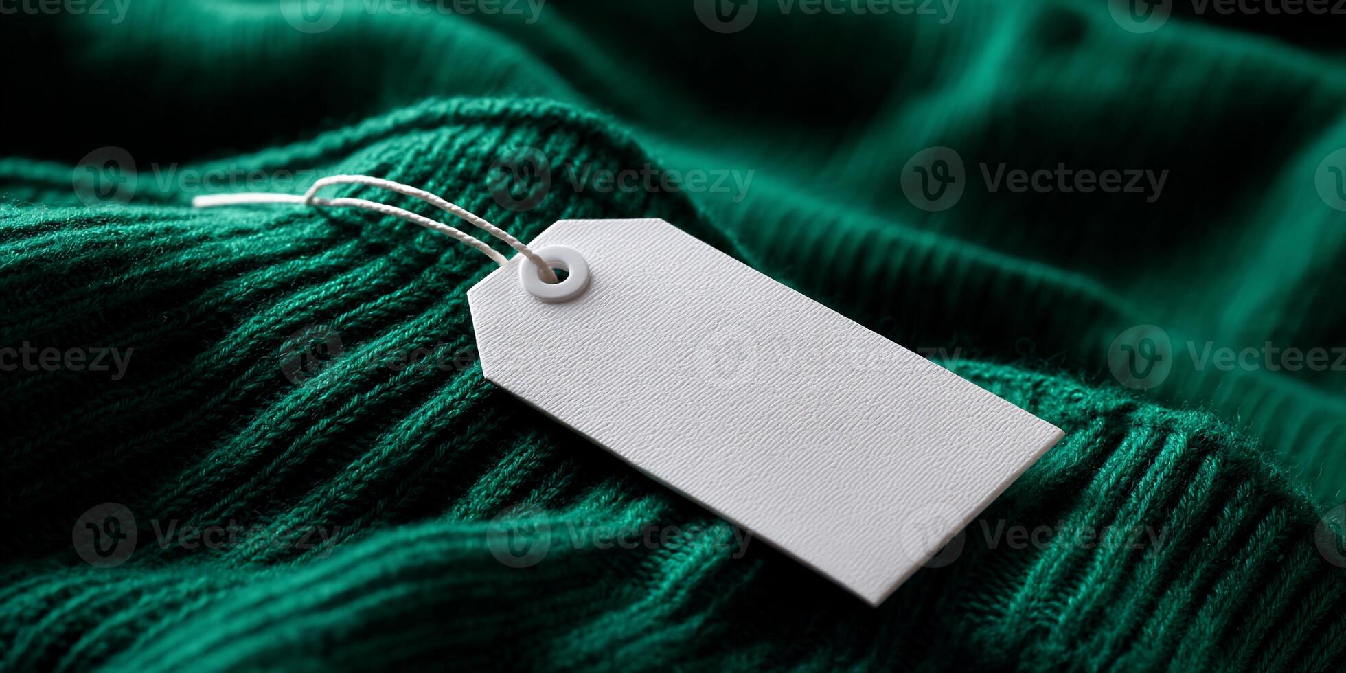 Blank price tag on emerald green knit fabric photo