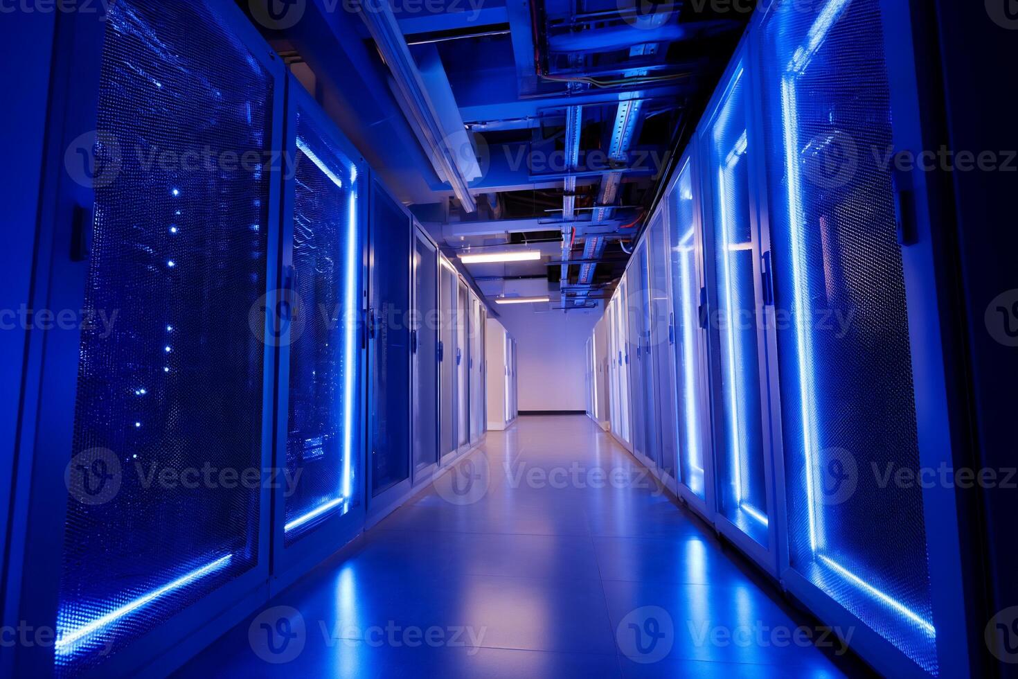 Modern server room, blue light accents. Rows of server cabinets, high tech, secure photo