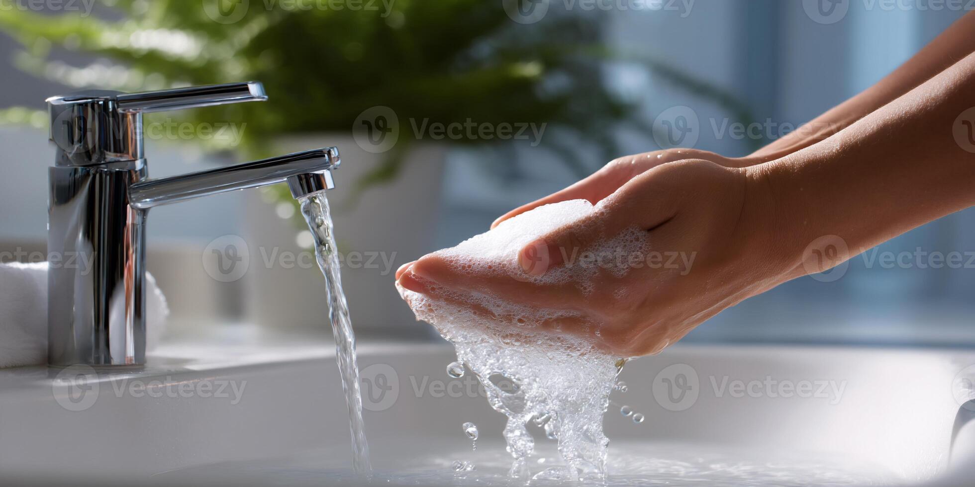 A person washing their hands with soap in a bathroom sink photo