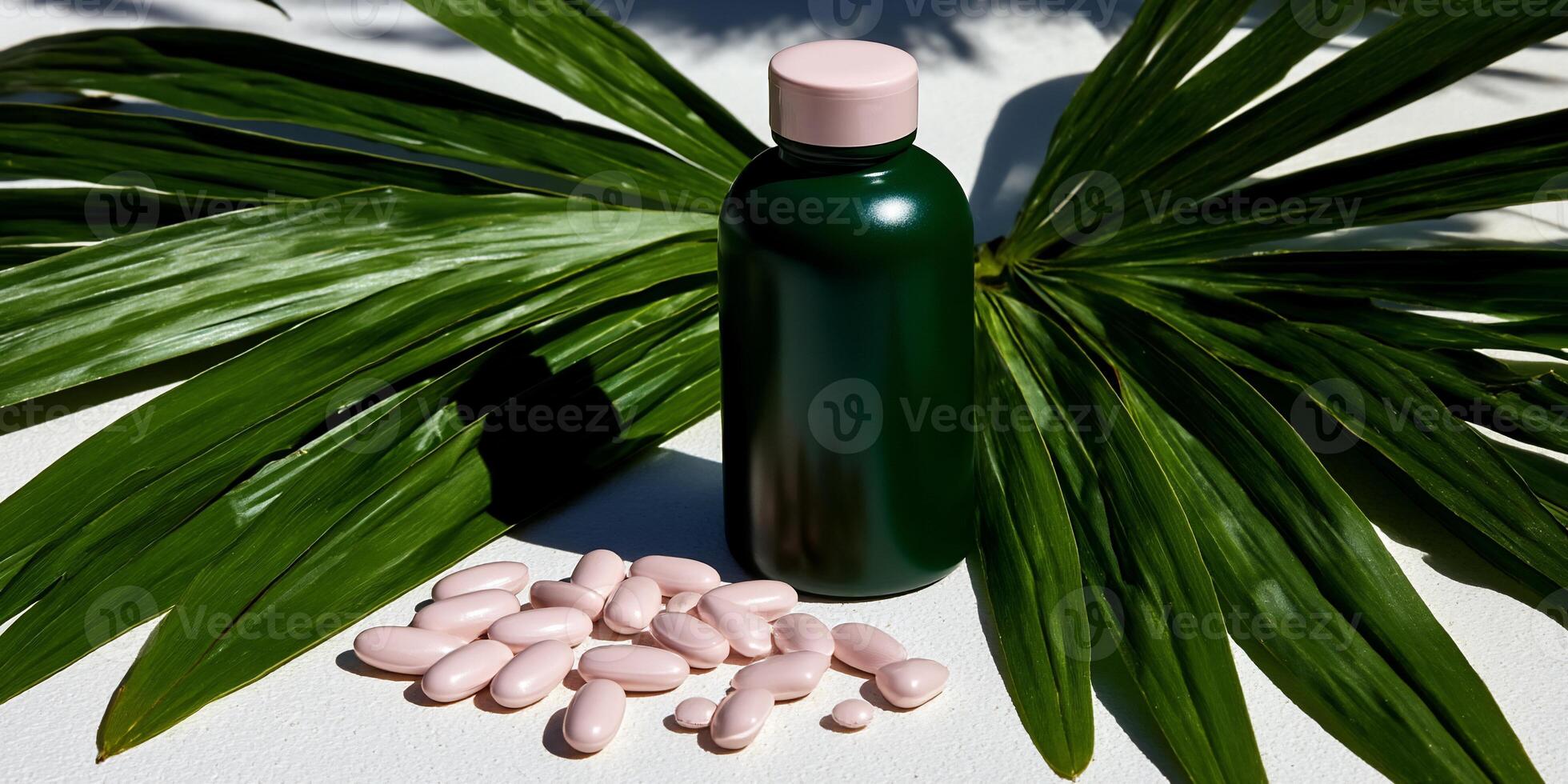 Dark green bottle with pink pills, tropical leaves photo