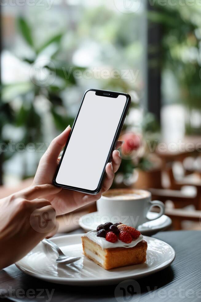 Smartphone held, cafe scene, blank screen, pastry, coffee photo