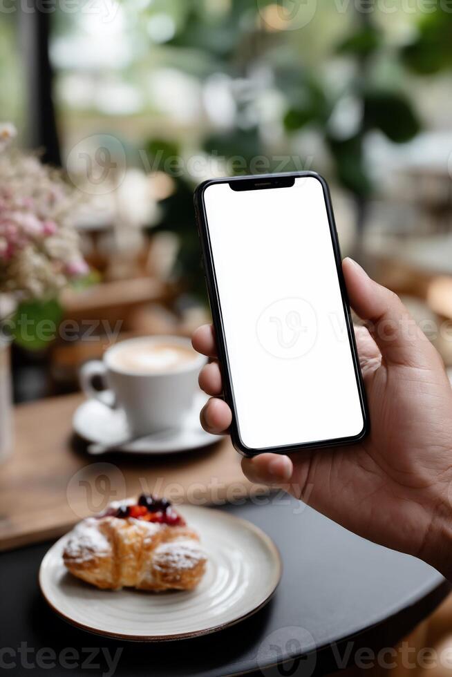 A hand holds a phone with a blank screen, in a cafe, surrounded by pastries and coffee photo