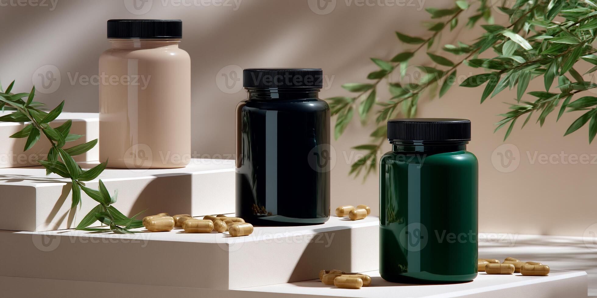 Three bottles of supplements on tiered display, with natural greenery and golden capsules photo