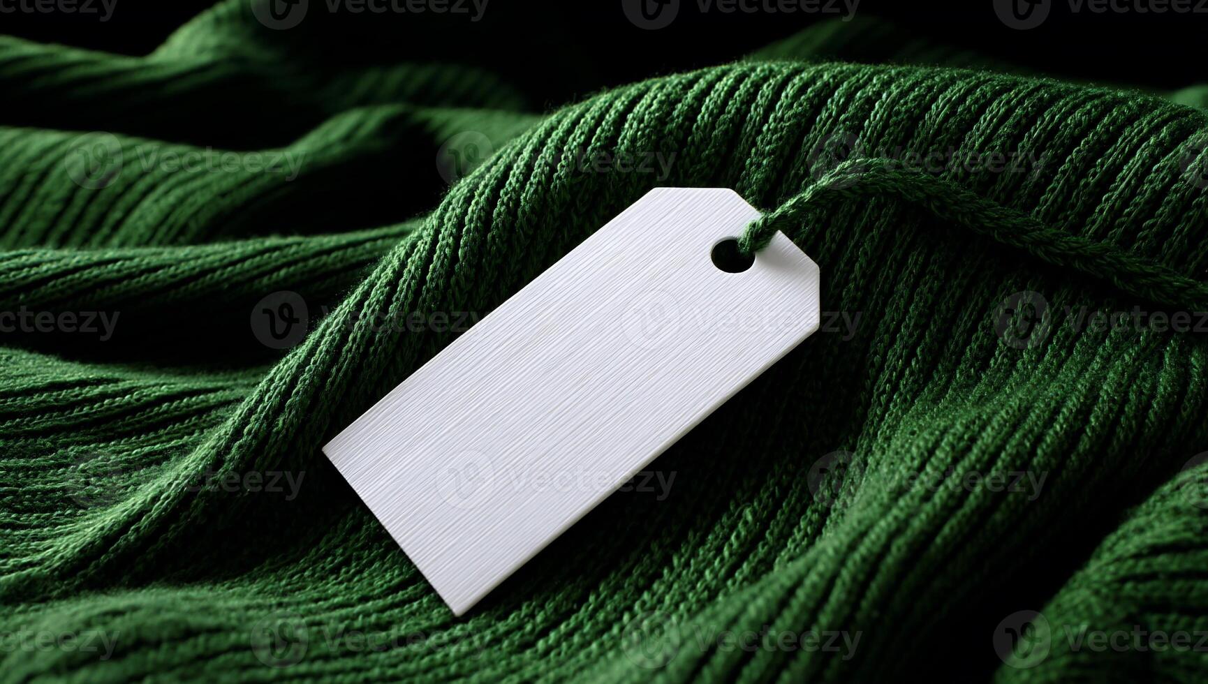 A white label is on a green sweater photo