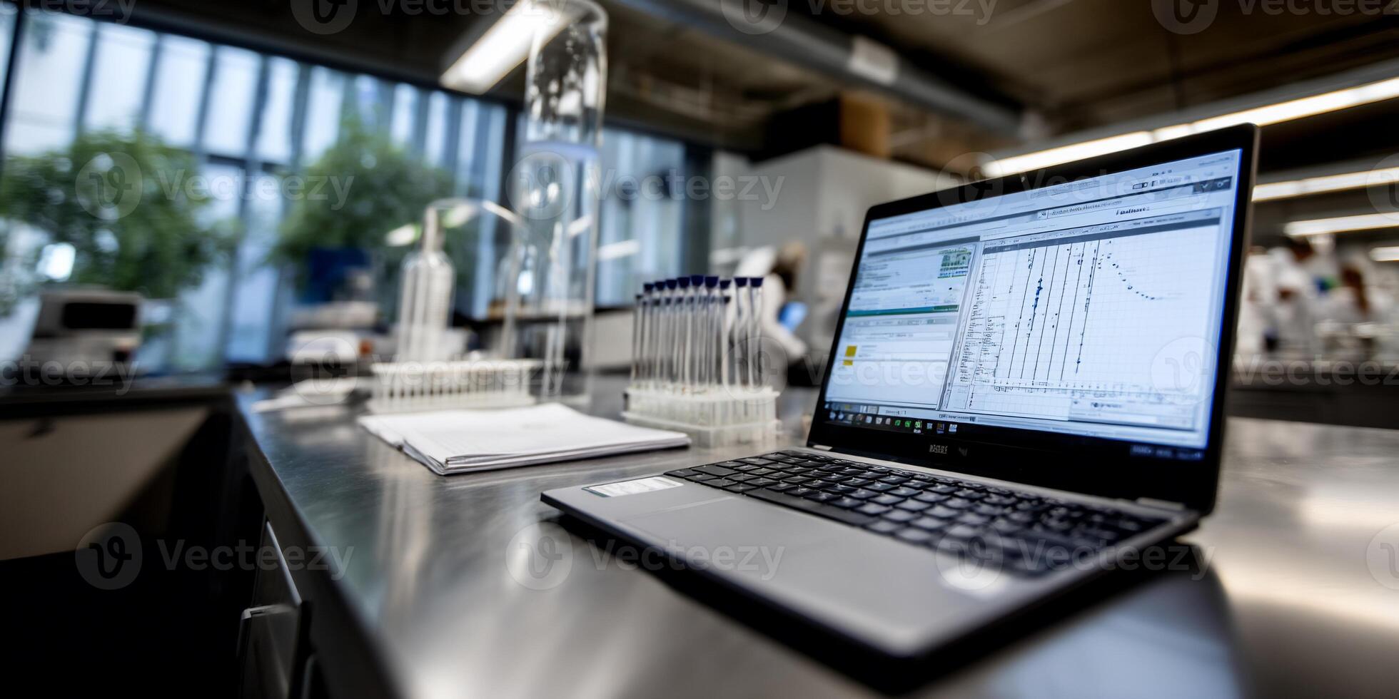 Laboratory laptop with scientific data photo