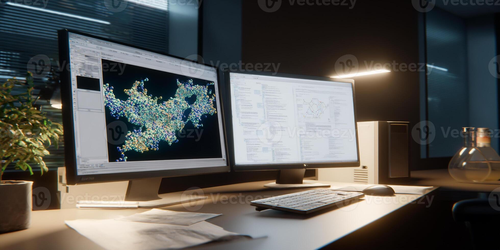 Two computer monitors displaying complex data maps, illuminated by desk lamp, in a modern workspace photo