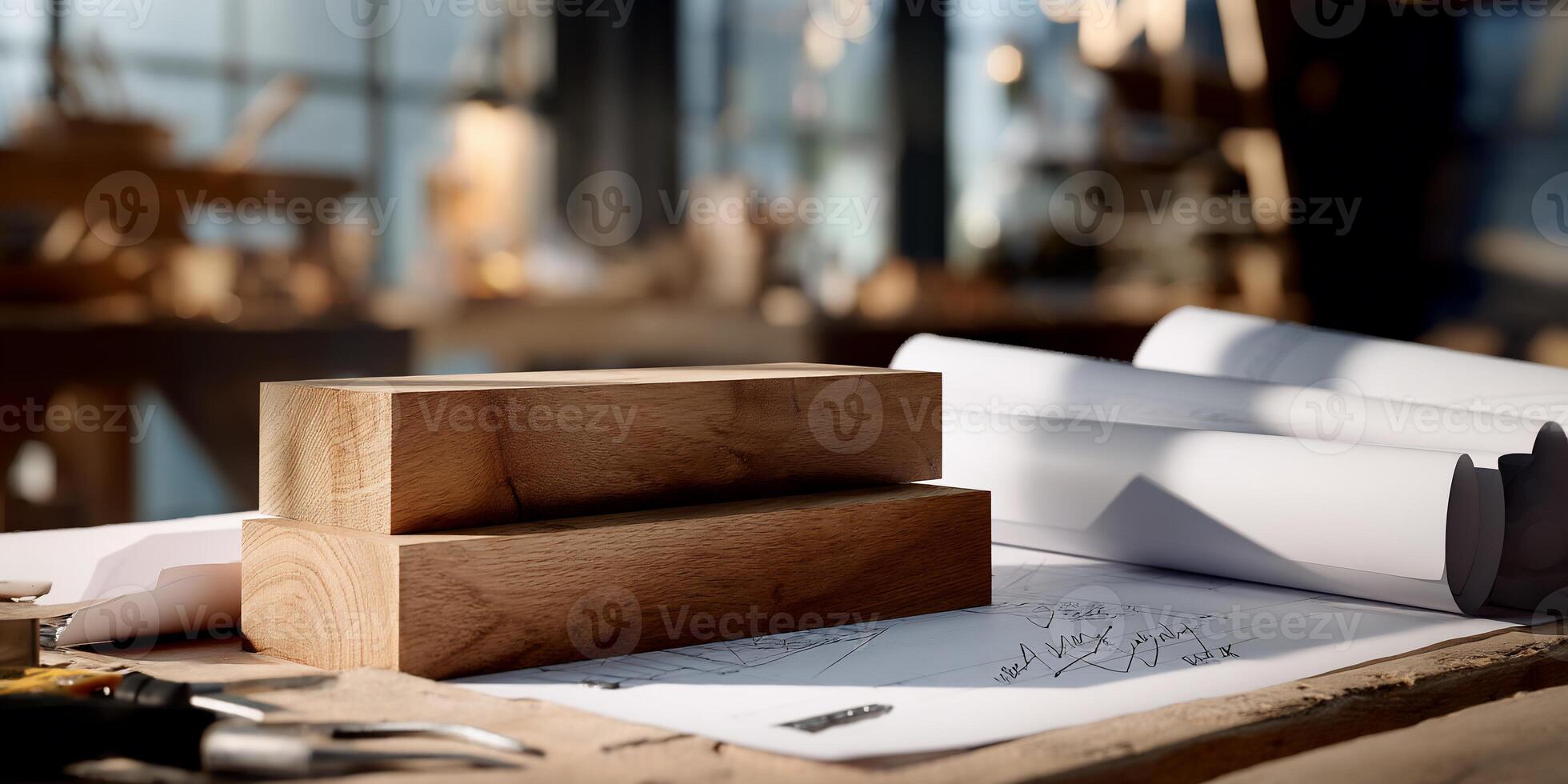 Wood blocks and blueprints on a workbench photo