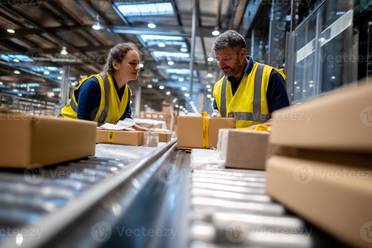 Workers inspect and package goods on a conveyor belt in a large warehouse. Detailed view of the workers focused on the task photo