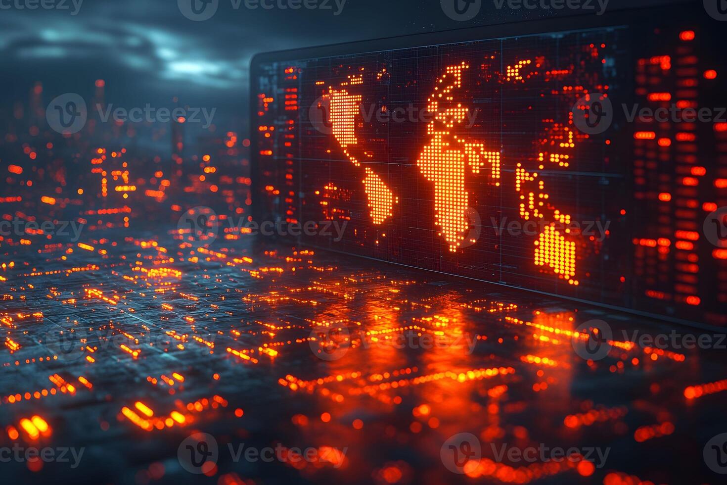 Futuristic Global Digital Map Display with Glowing Circuit Board Elements photo