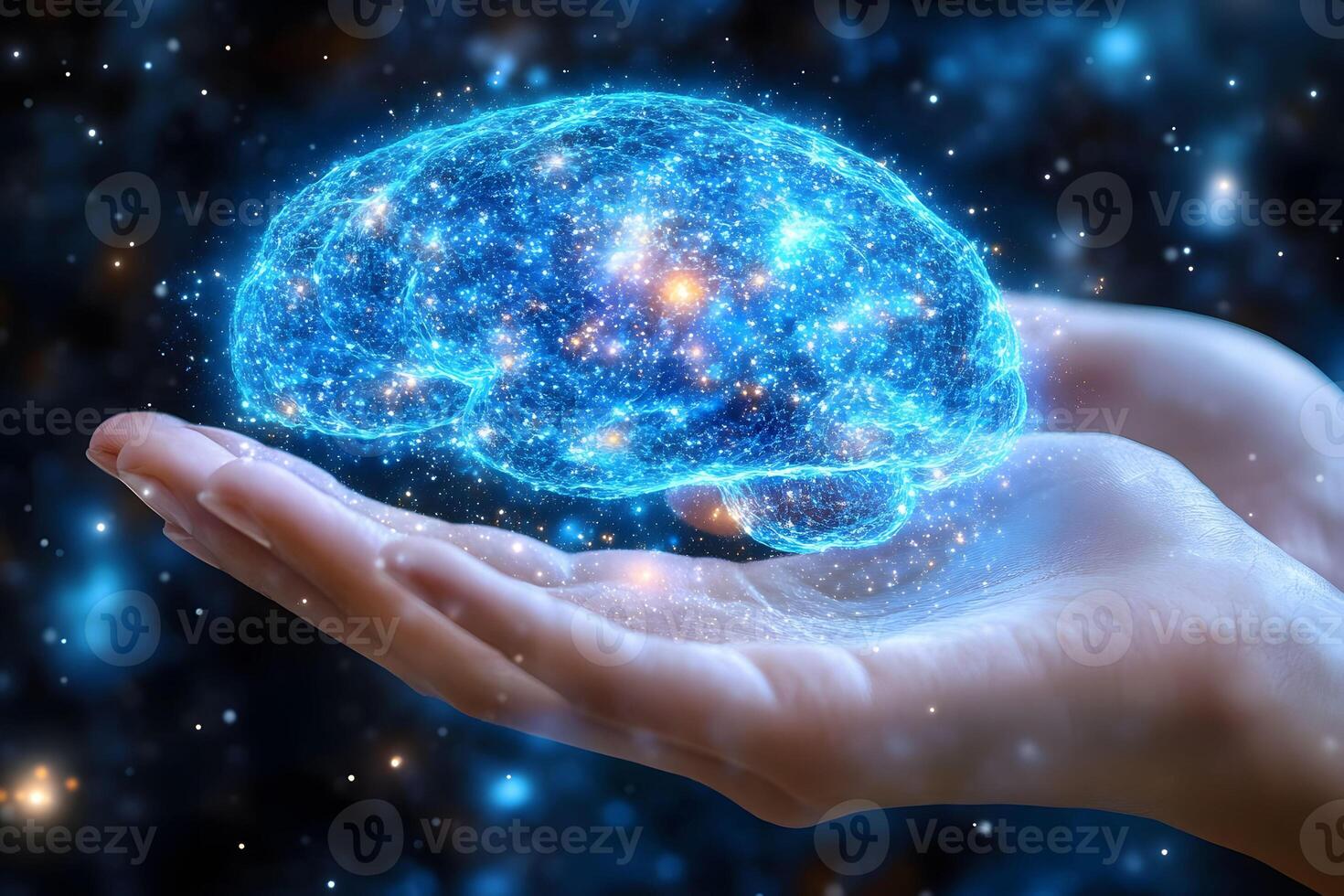 Futuristic Artificial Intelligence Concept with Glowing Brain in Hand photo