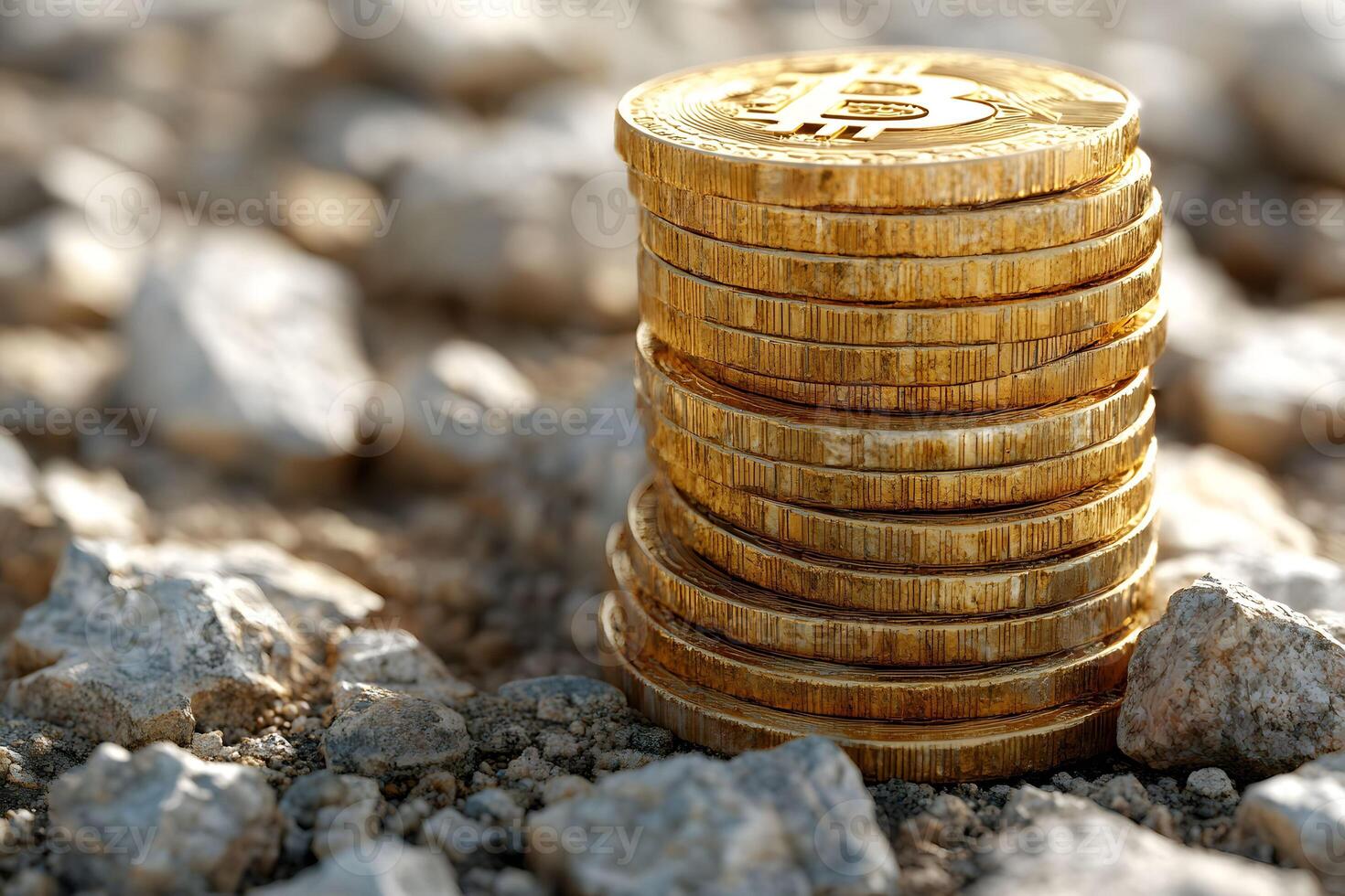 Stack of Bitcoin Coins on Rocky Surface Conceptualizing Cryptocurrency Wealth and Investment photo