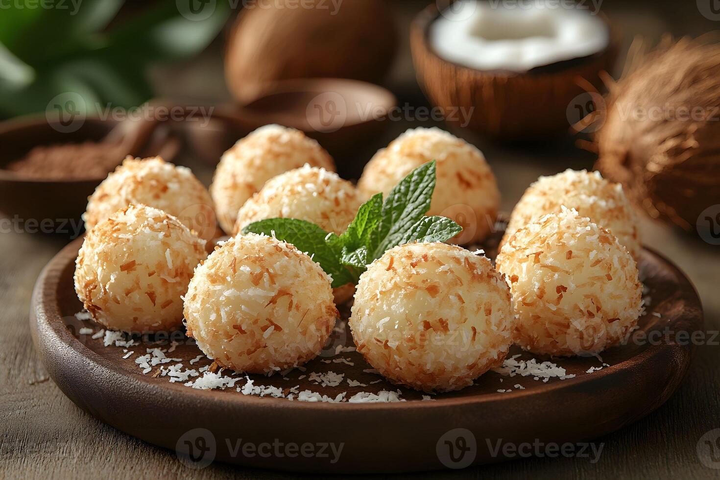 Coconut Bliss Delicious Coconut Balls on Rustic Plate for Dessert and Culinary Creations photo