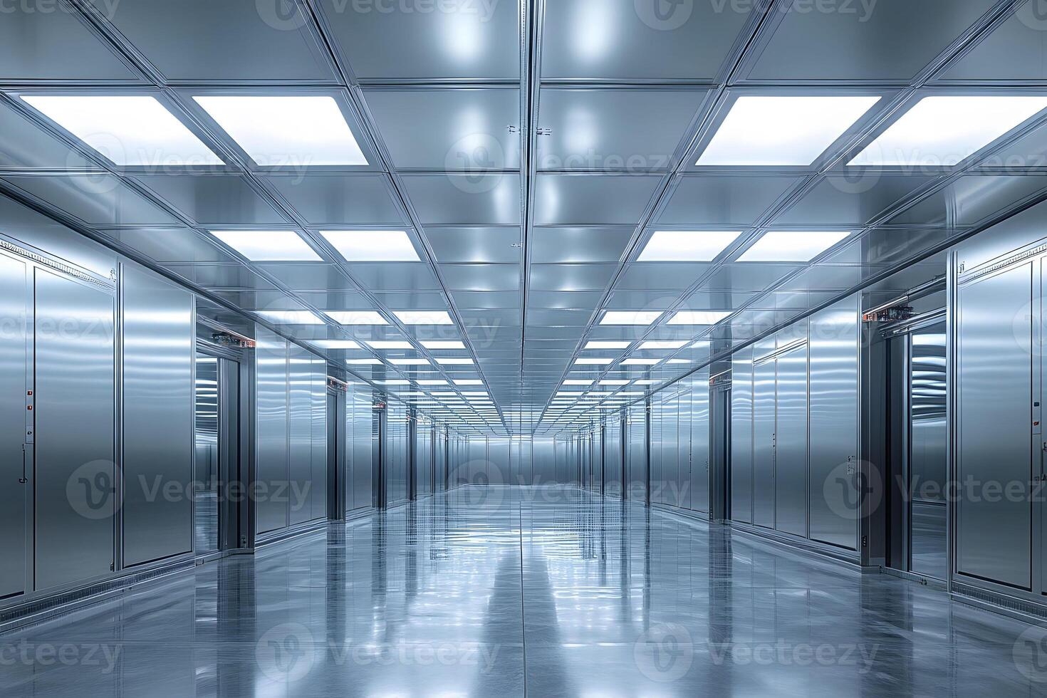 Futuristic Illuminated Hallway in High-Tech Facility with Reflective Metallic Surfaces photo