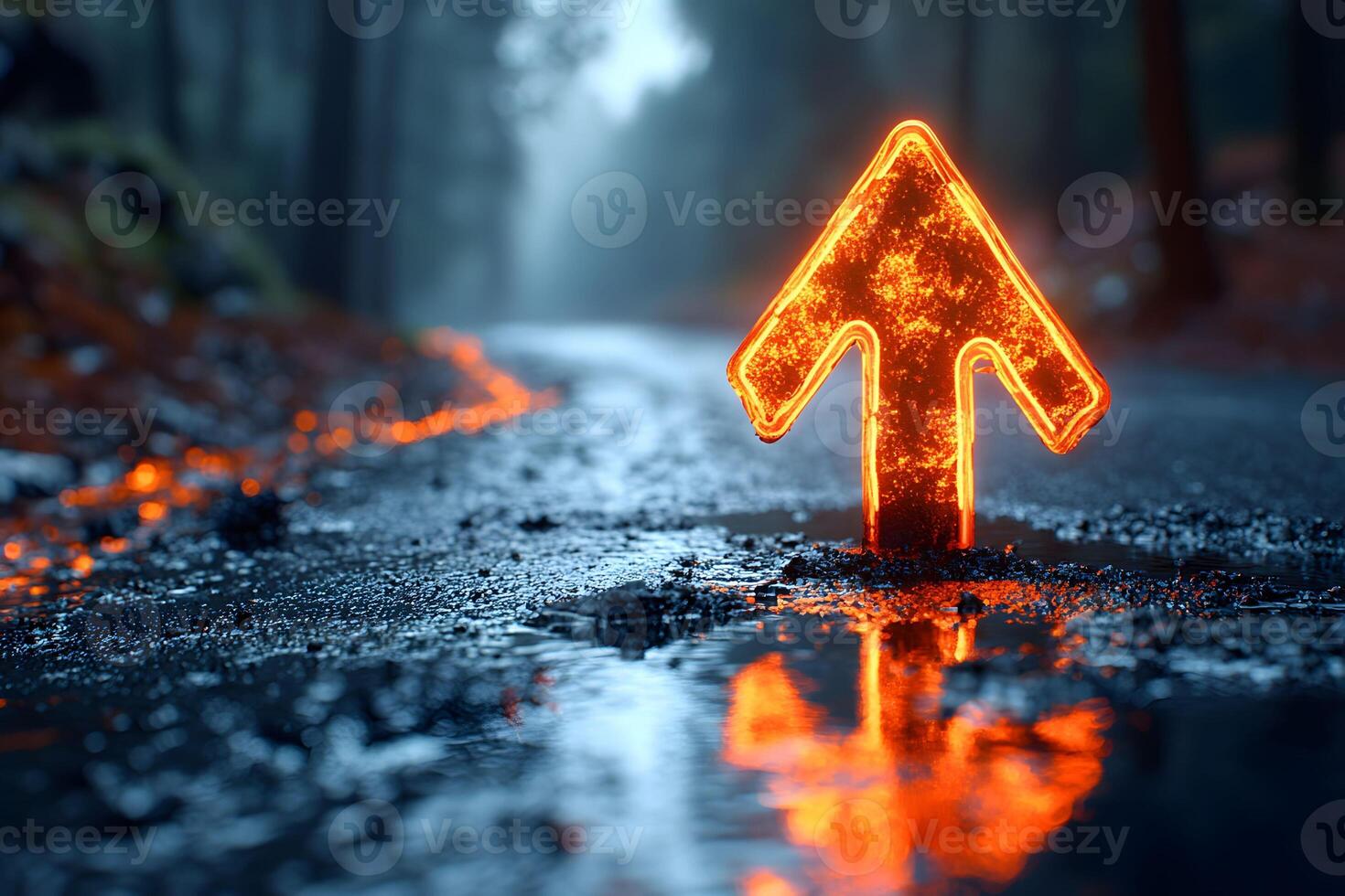 Glowing Arrow on Wet Road in Forest Setting - Direction and Guidance Concept for Posters photo