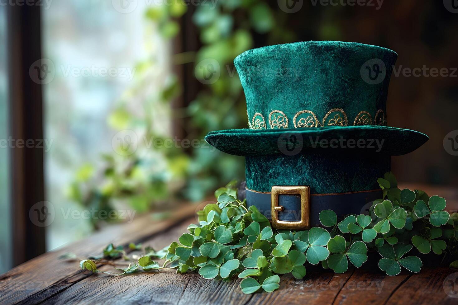 St. Patrick's Day Celebration Hat and Shamrocks in Natural Setting for Festive Decor photo