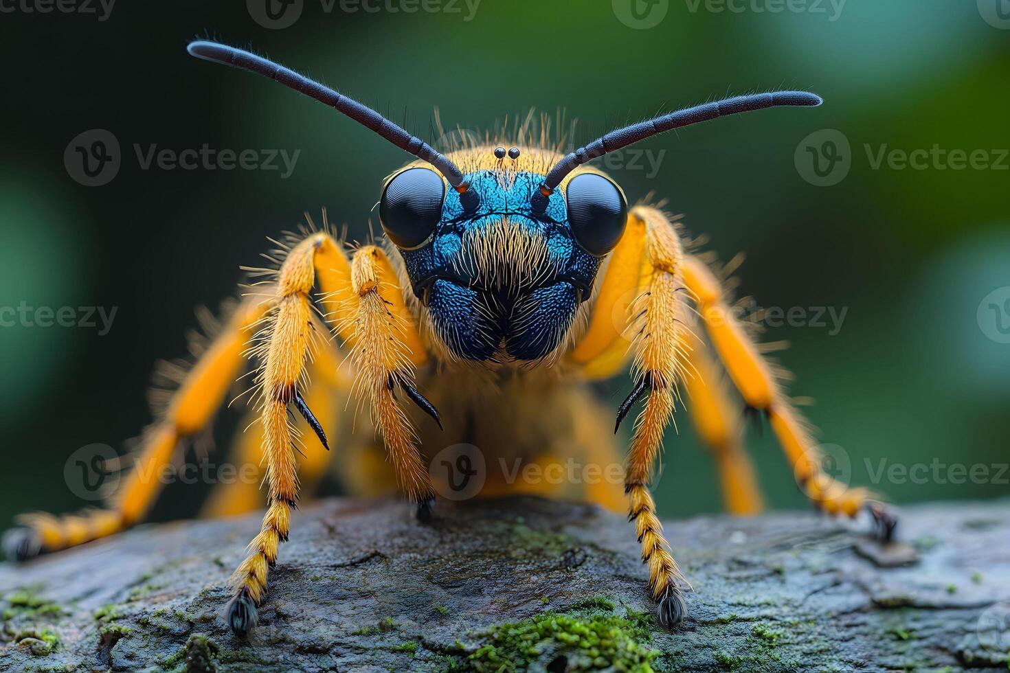 Vibrant Macro of Yellow Wasp with Striking Blue Face for Nature Enthusiasts and Educational Use photo