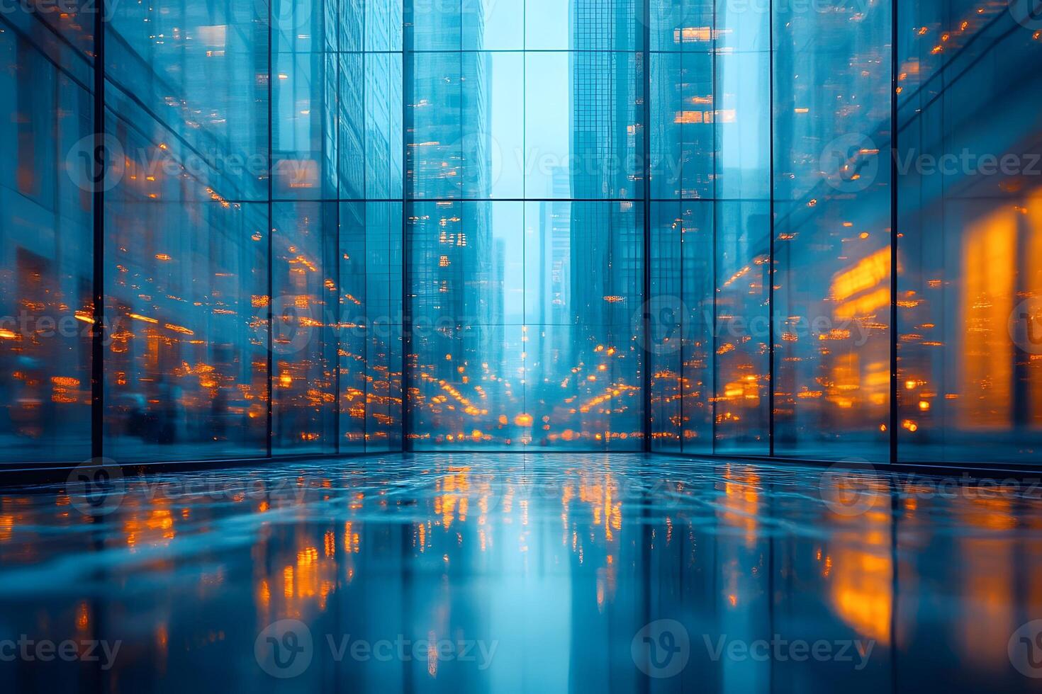 Modern Urban Reflections in Glass Architecture at Dusk for Design and Conceptual Use photo