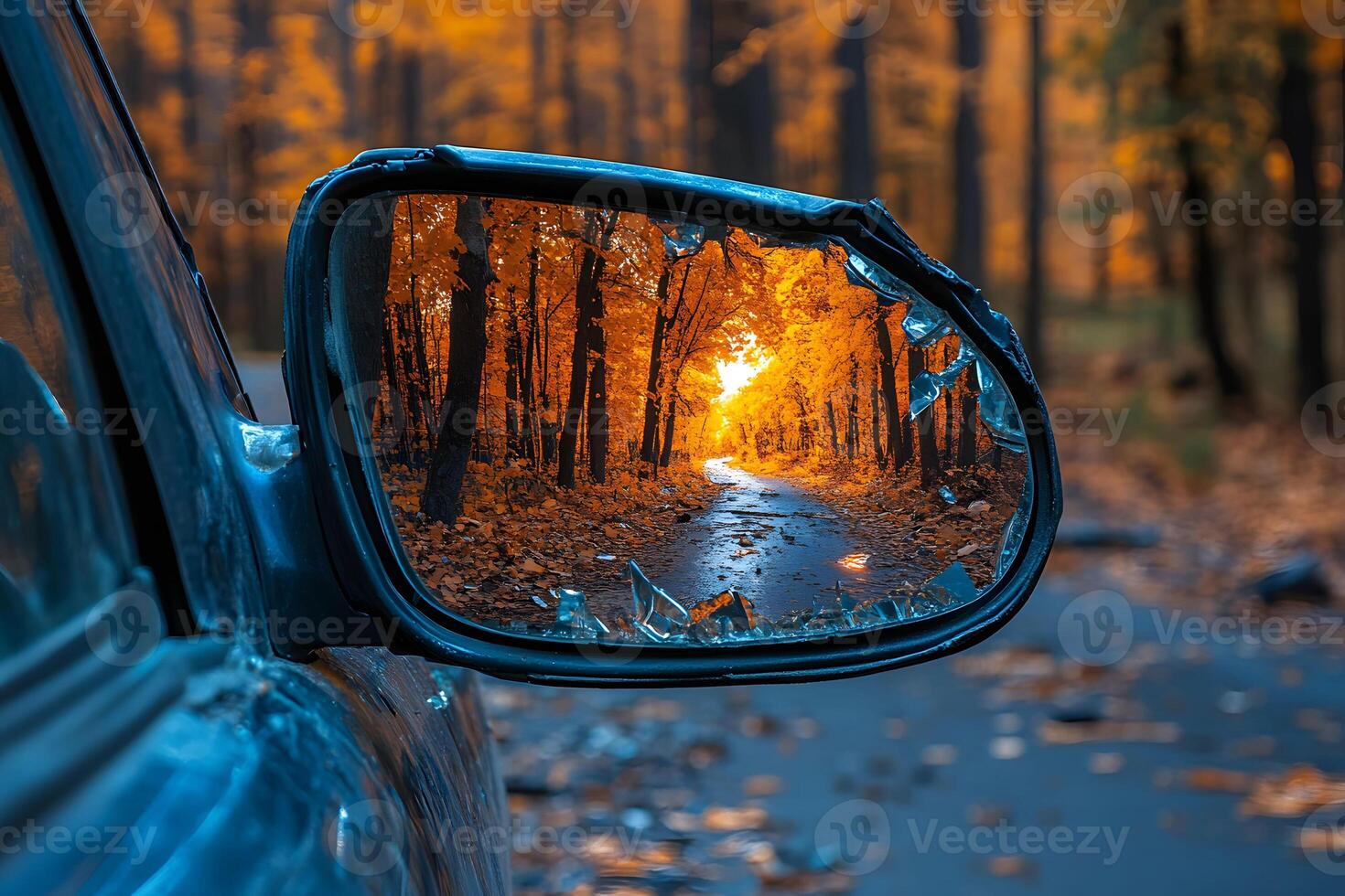 Autumn Reflection in Broken Car Mirror - Fall Foliage in Forest Driveway photo