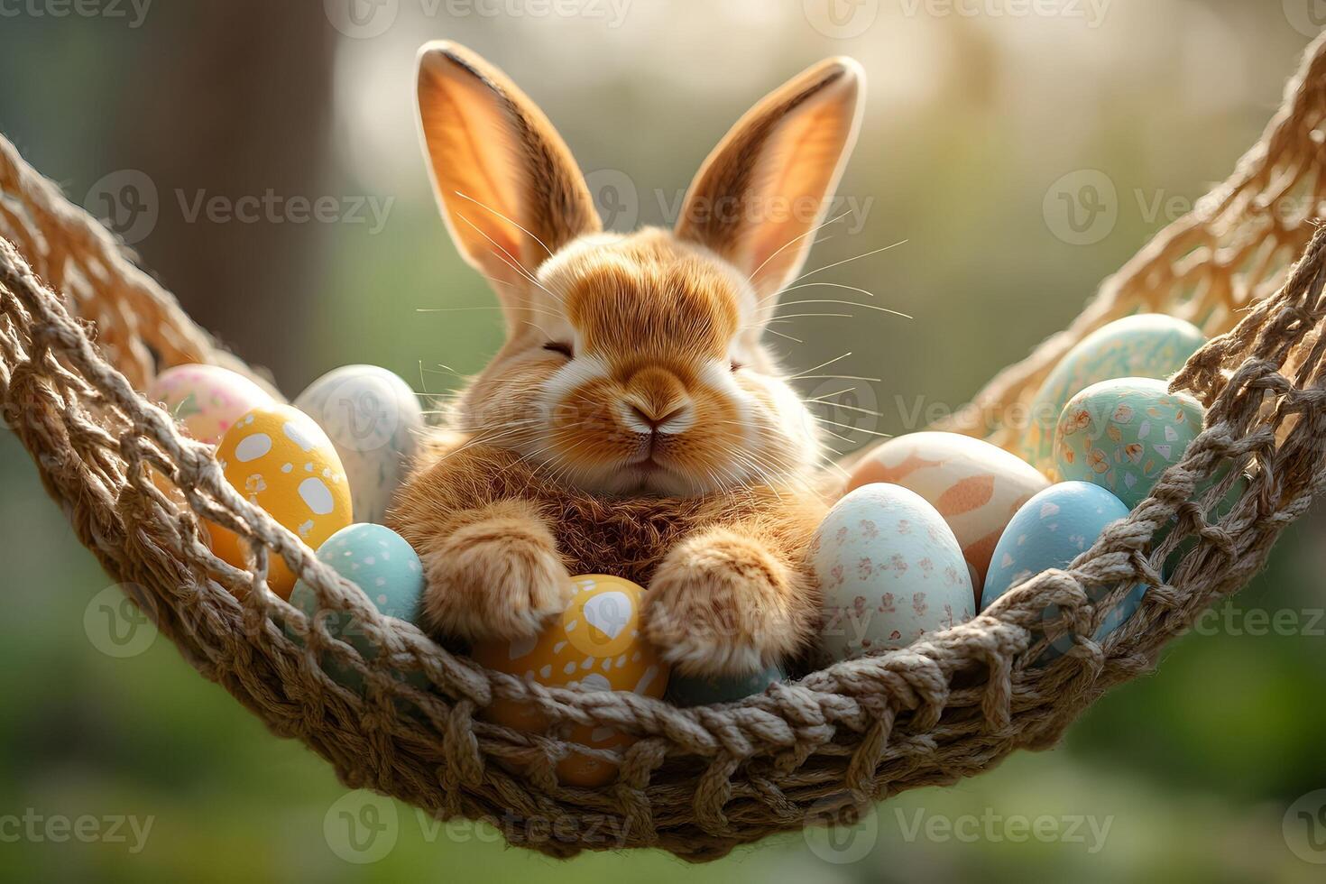 Easter Bunny Relaxing in a Hammock Surrounded by Colorful Eggs - Springtime Inspiration photo