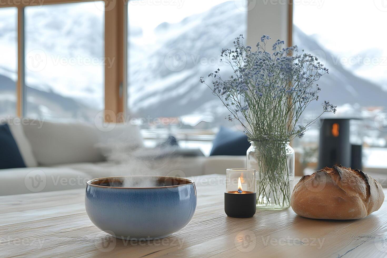 Cozy Winter Retreat with Warm Soup, Candlelight, and Mountain Views for a Relaxing Atmosphere photo