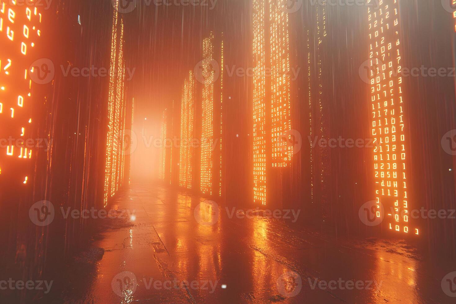 Futuristic Digital Cityscape with Neon Matrix Code in Rainy Cyberpunk Setting photo