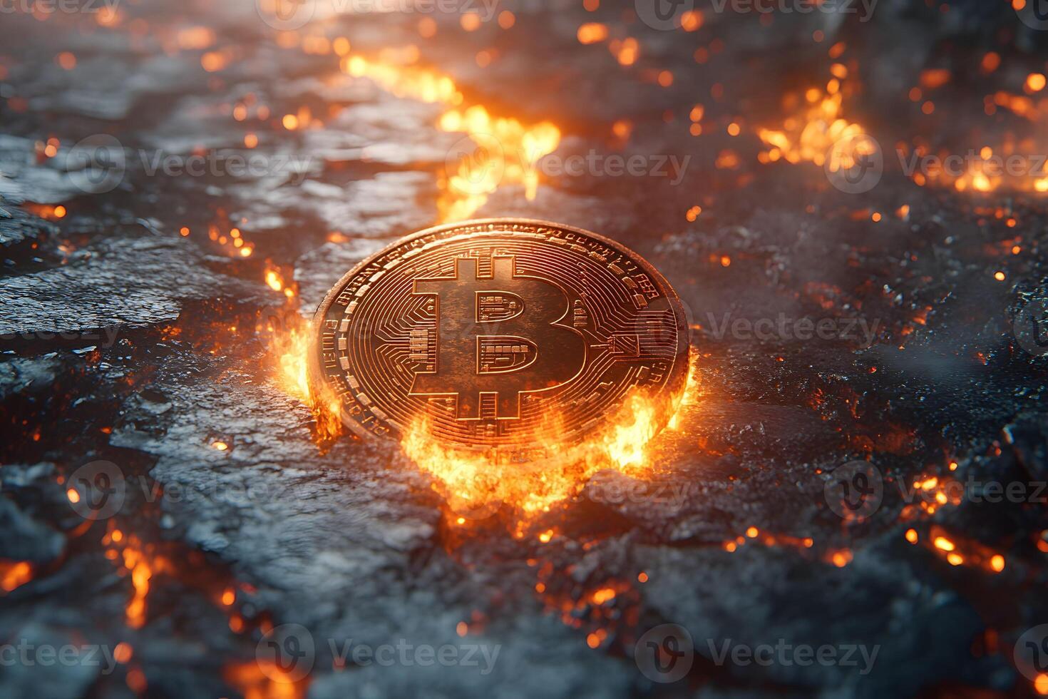 Fiery Bitcoin Symbol in Volcanic Landscape Cryptocurrency and Finance Themes photo