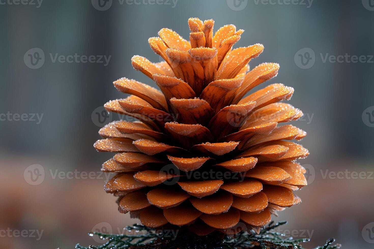 Dew-Covered Pine Cone in Forest Setting for Nature Photography and Decorative Design photo
