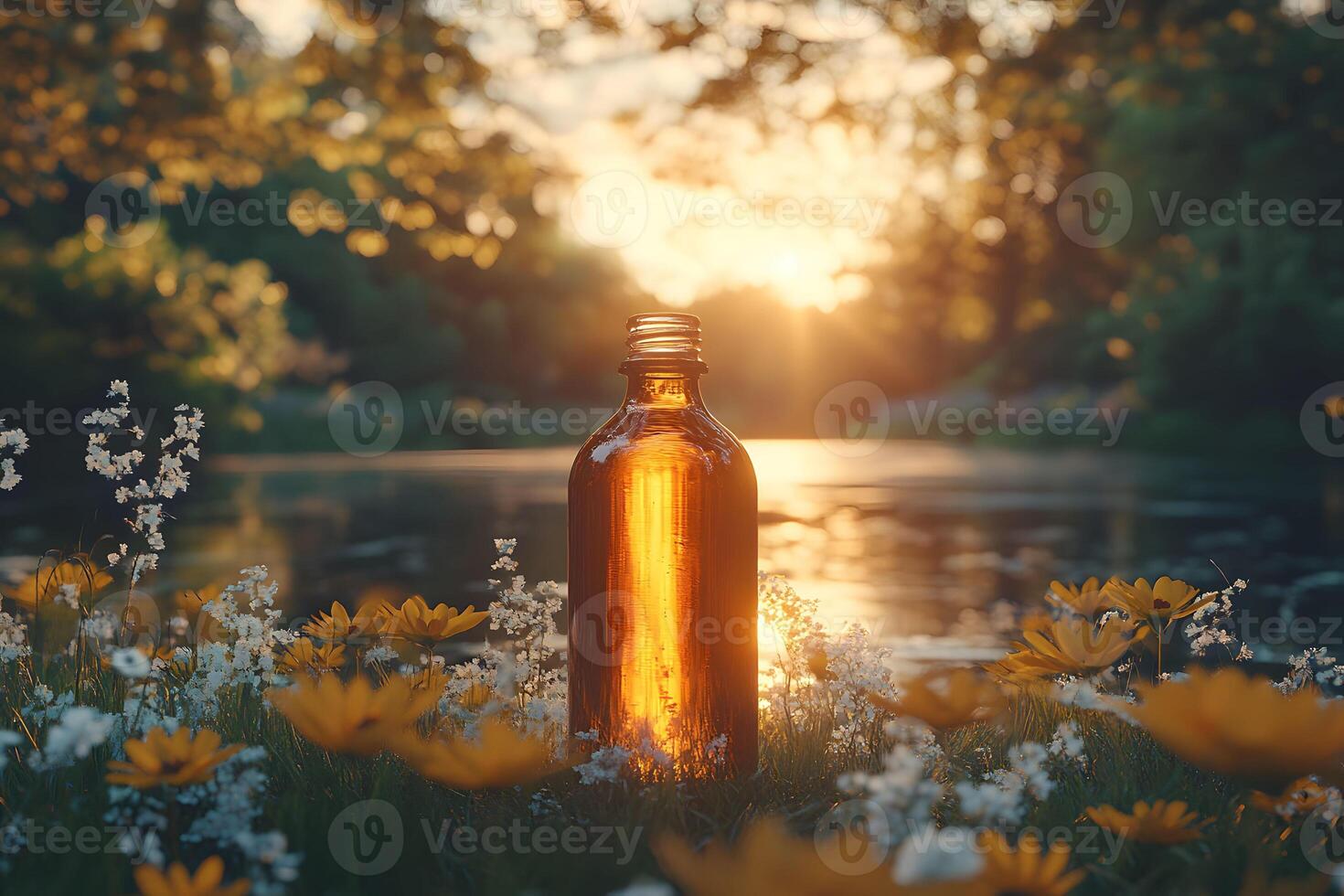 Serene Sunset with Bottle Amidst Blooming Flowers by a Tranquil Lakeside photo