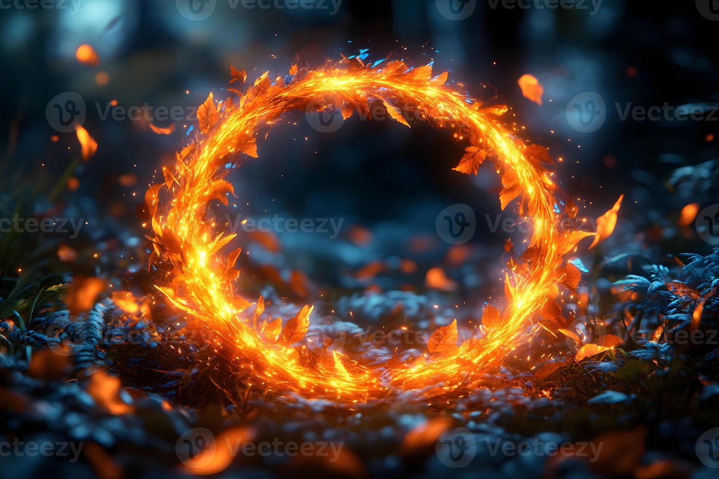 Enchanted Autumn Forest with Fiery Leaf Circle - Mystical Nature Background for Design photo