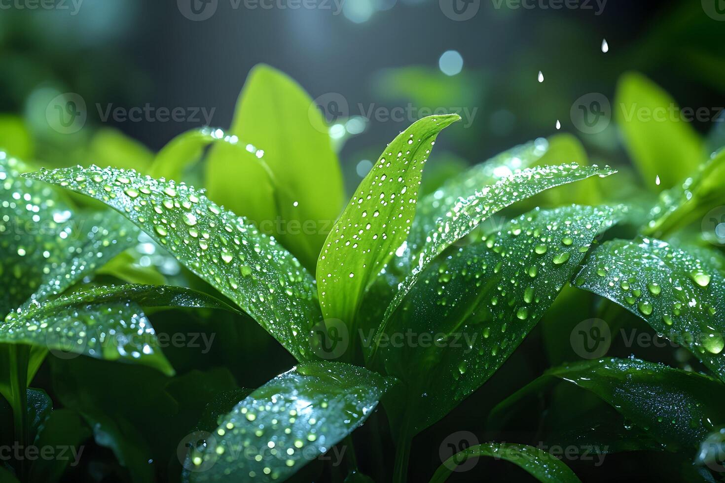 Dew-covered Green Leaves in Sunlight Nature's Freshness for Print and Design photo