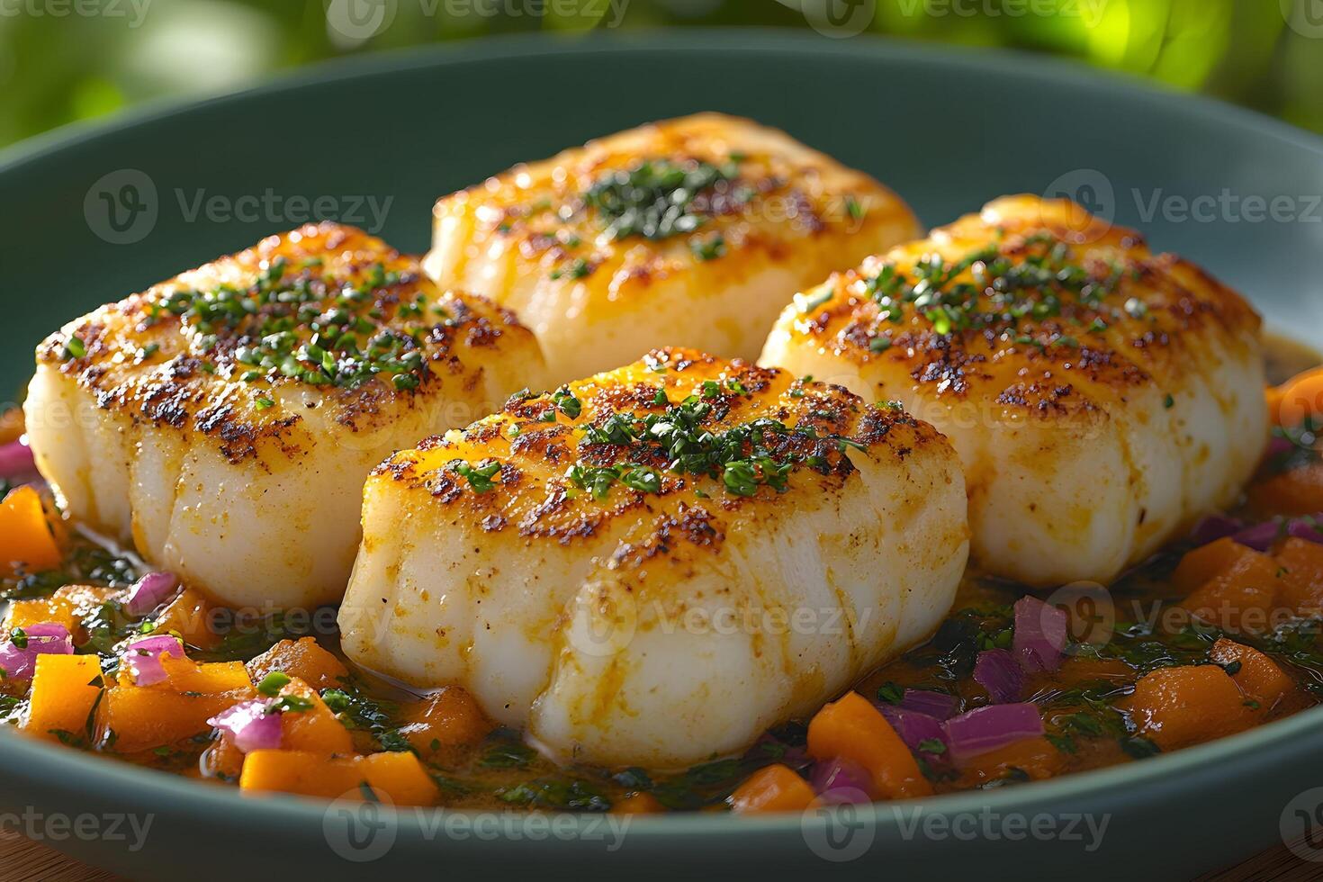 Gourmet Seared Scallops with Herb Garnish on Vibrant Vegetable Medley for Culinary Presentation photo