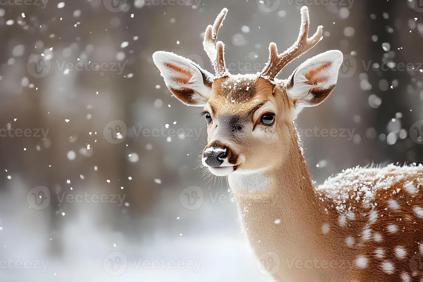 Winter Wonderland Majestic Deer Amidst Falling Snowflakes for Holiday Prints photo