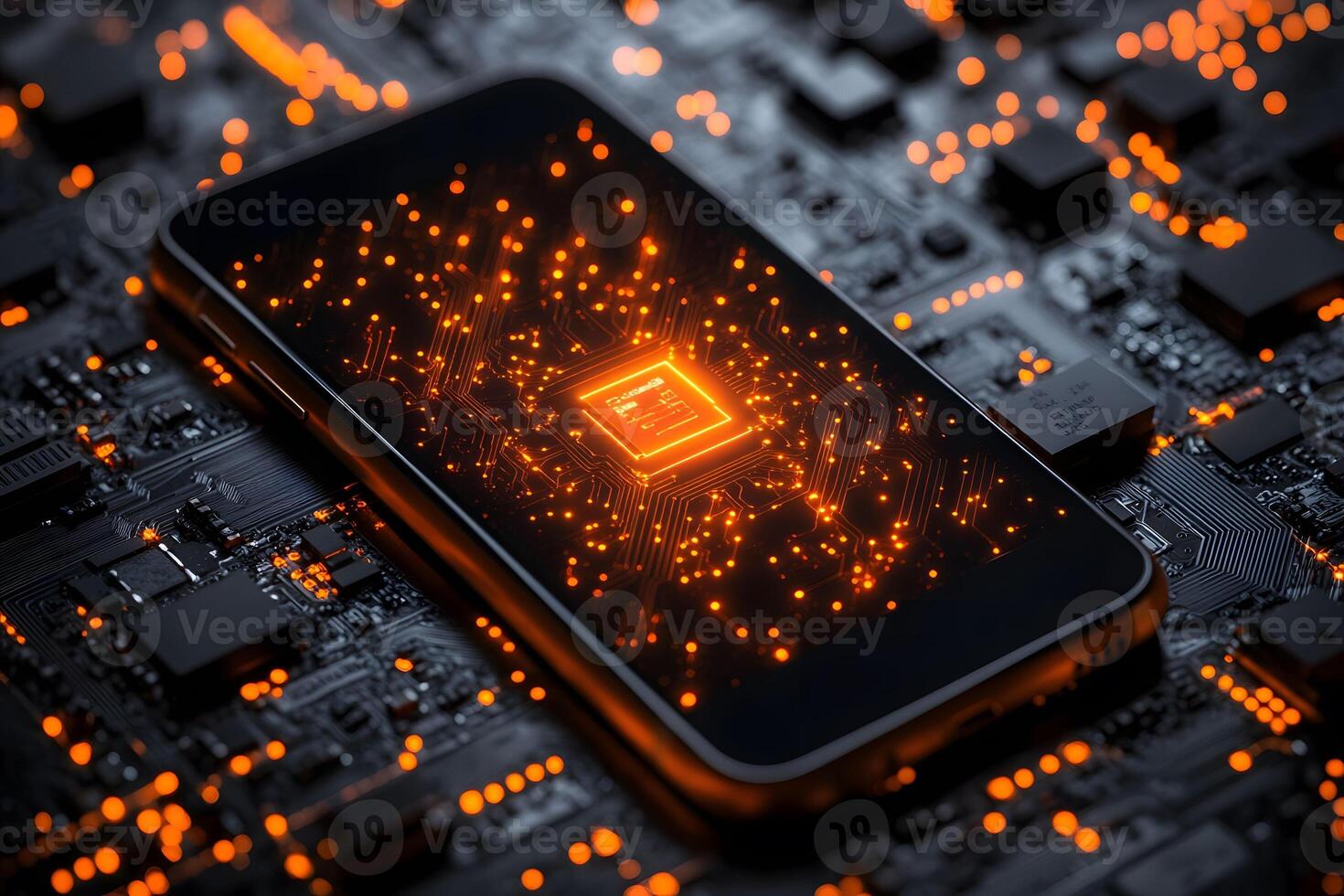 Futuristic Smartphone Technology with Glowing Circuit Board Design for Digital Innovation Concepts photo