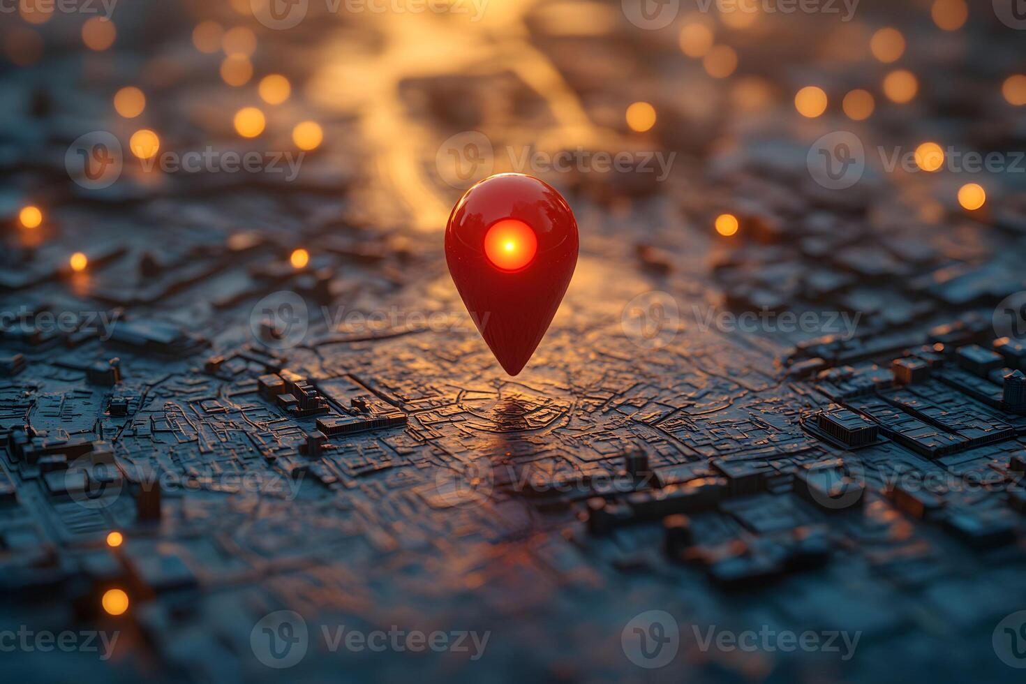 Futuristic GPS Navigation Concept with Glowing Location Pin on Digital City Map photo