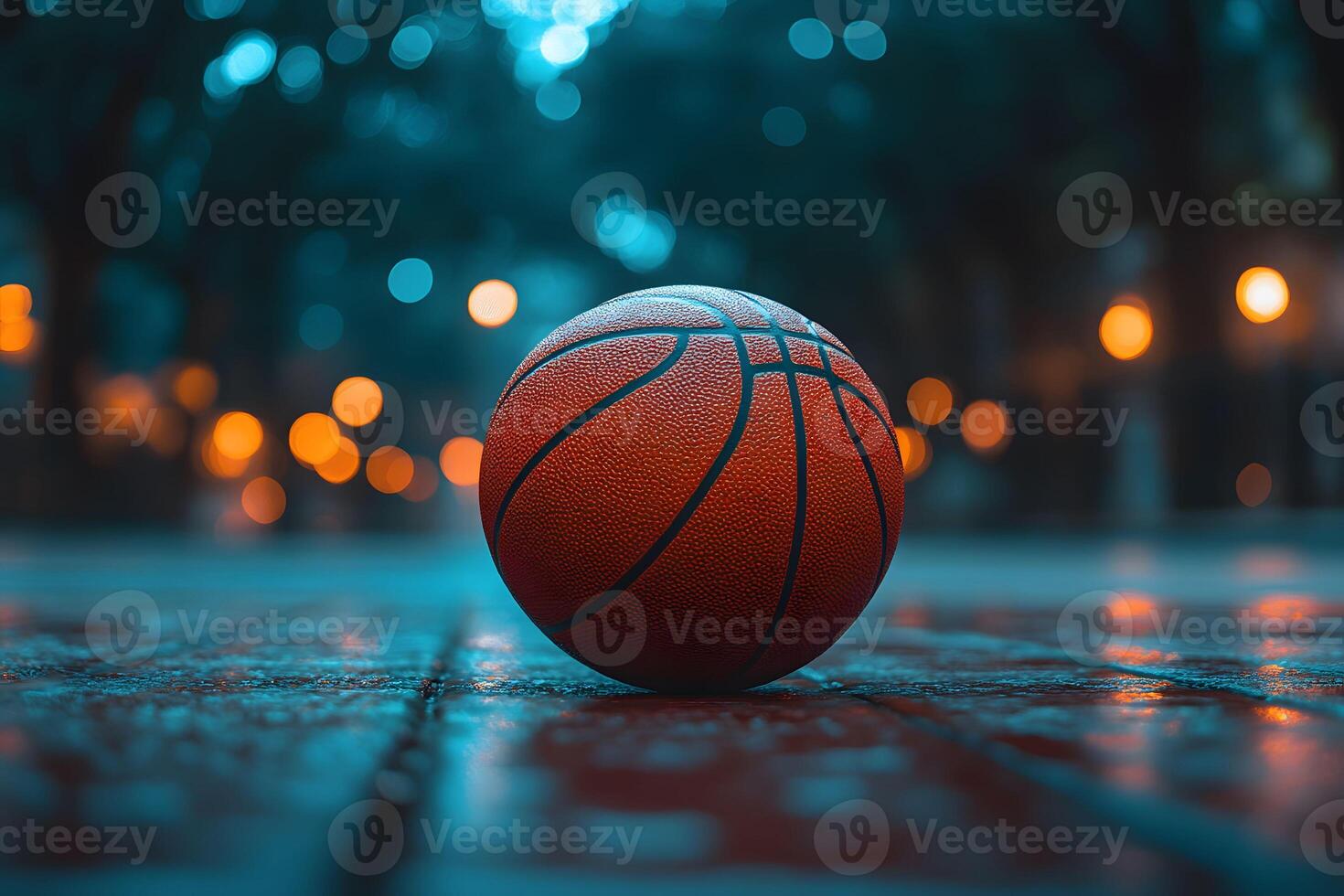 Basketball on Wet Street at Night with Bokeh Lights - Urban Sports Scene for Poster Design photo