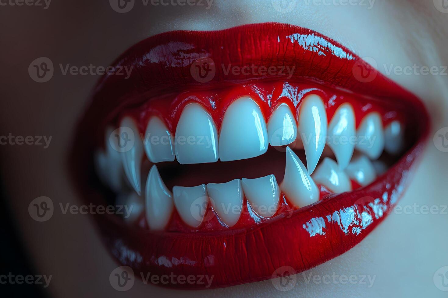 Dramatic Close-Up of Vampire Fangs with Bold Red Lipstick for Halloween or Gothic Themes photo