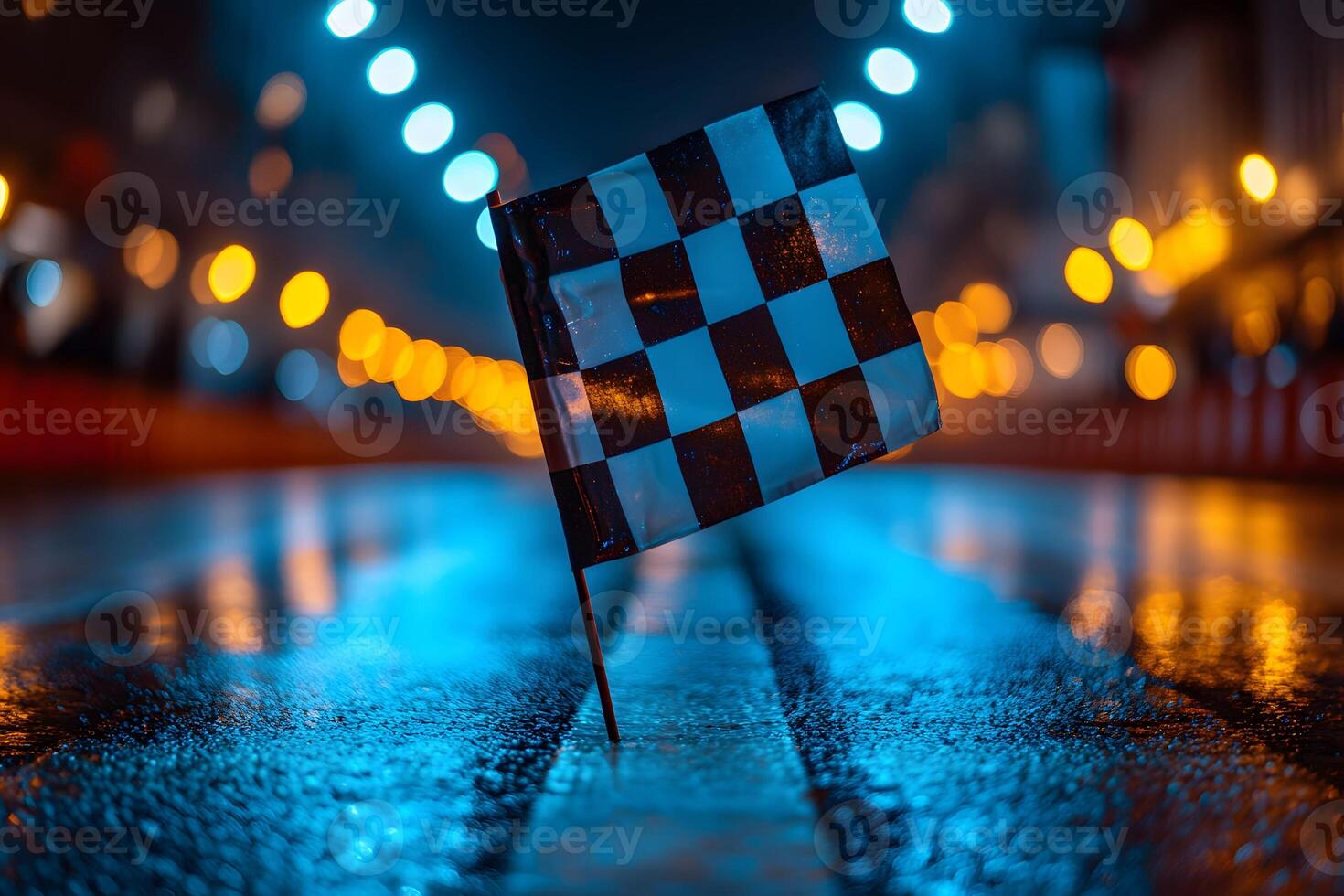 Checkered Flag on Wet Street at Night - Racing Theme for Dynamic Event Design photo