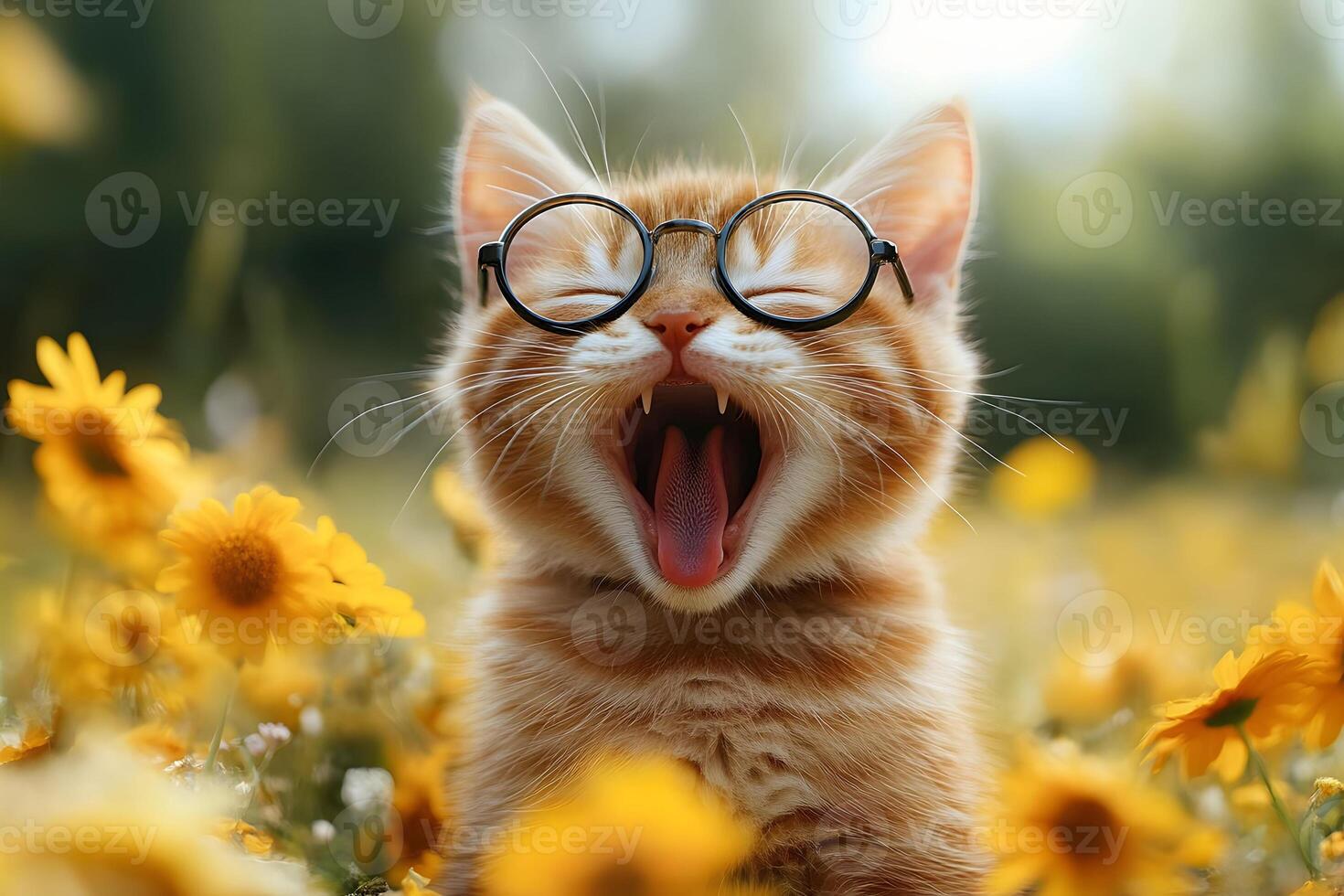 Adorable Ginger Kitten with Glasses in Sunflower Field - Perfect for Pet-Themed Posters and Cards photo