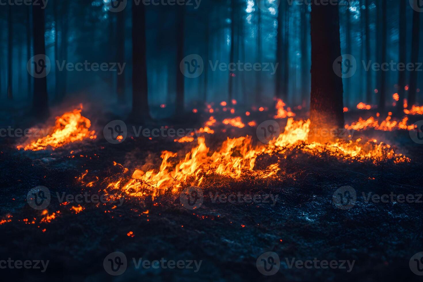 Intense Forest Fire Scene in Mysterious Woodland Setting for Environmental Awareness photo