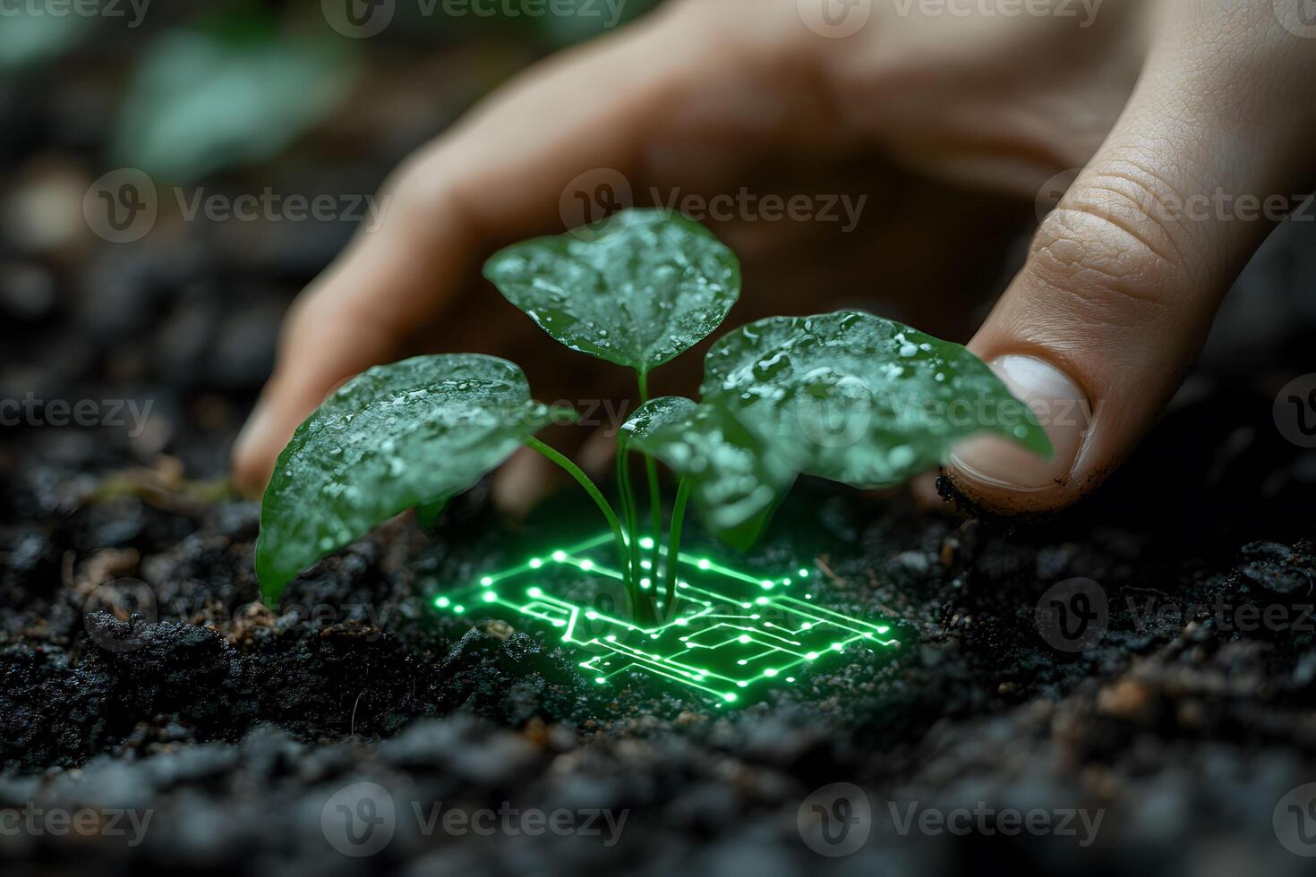 Futuristic Agriculture Concept Hands Planting Digital-Enhanced Seedling for Sustainable Growth photo