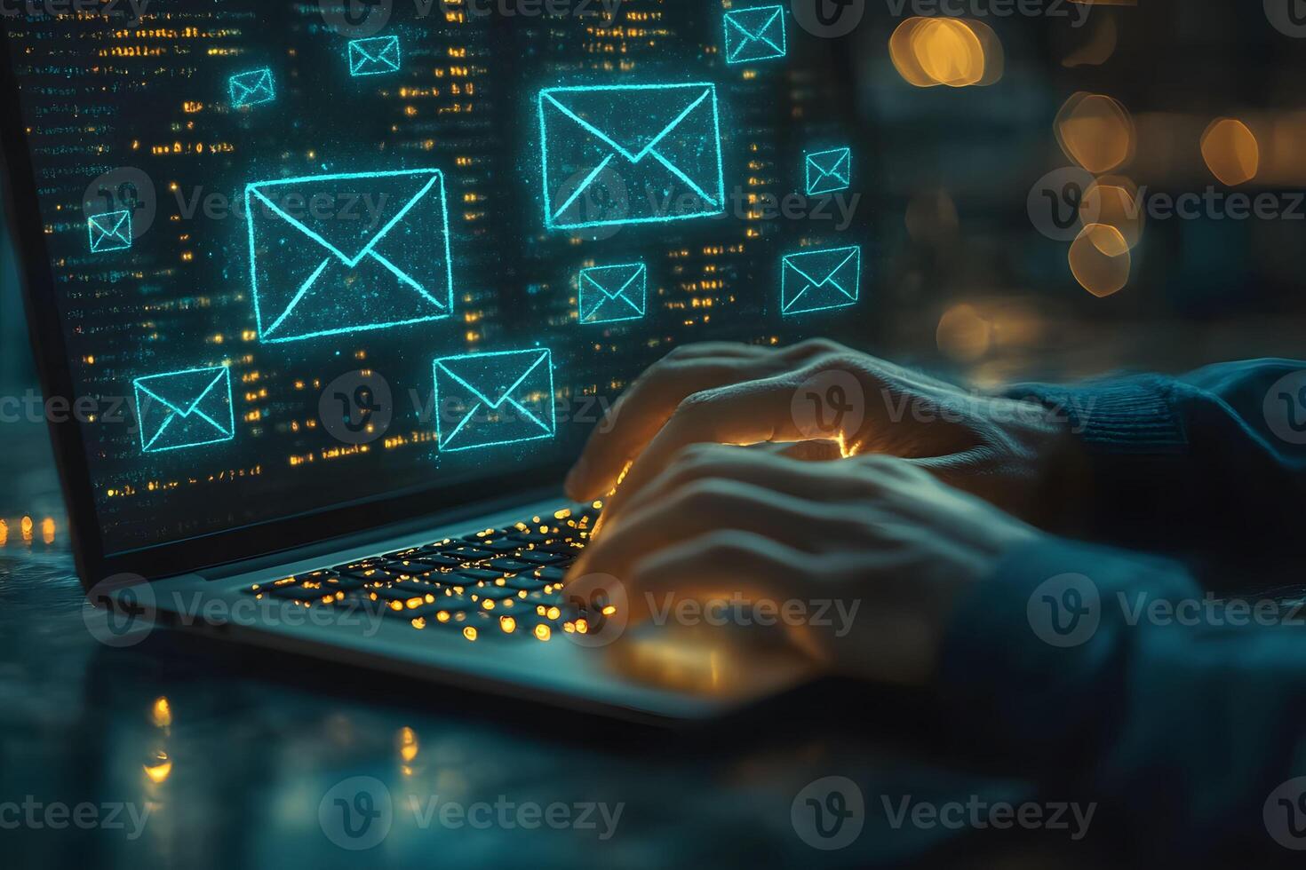 Hands Typing on Laptop with Email Icons for Technology Design photo