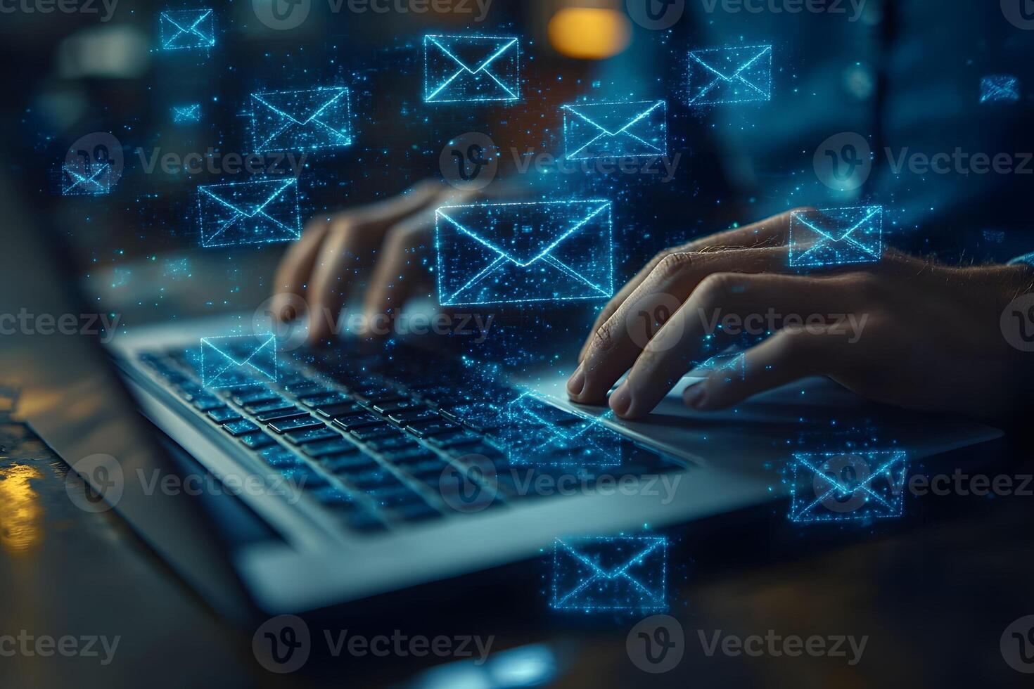 Digital Communication Concept with Email Icons Overlay on Laptop in Office Setting photo
