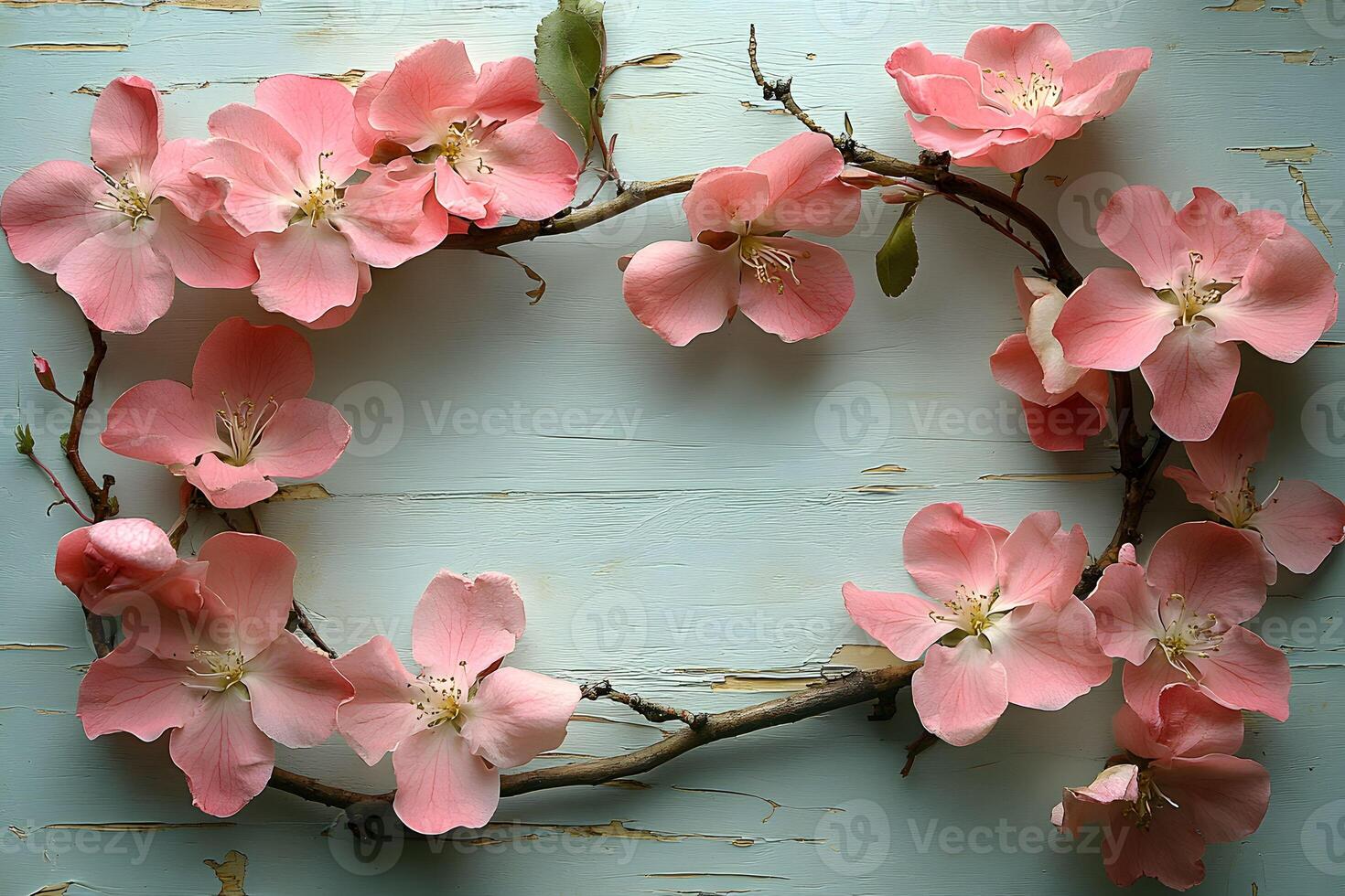 Spring Floral Background with Pink Cherry Blossoms and Rustic Wood for Design photo