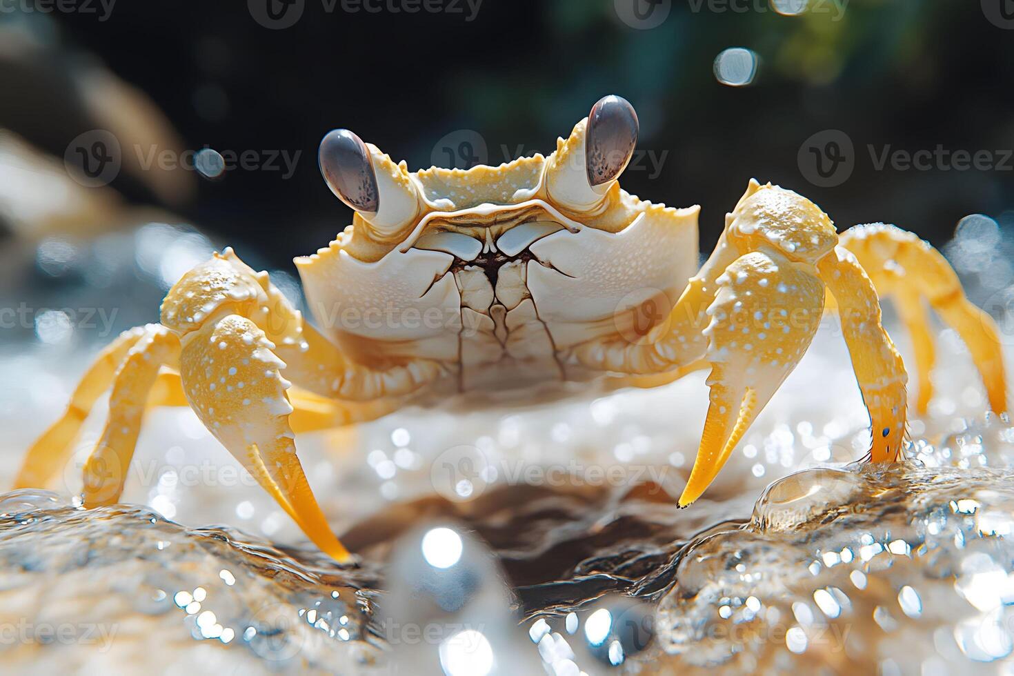 Close-Up of Yellow Crab Washing in Sunlit Tide on Rocky Shore photo