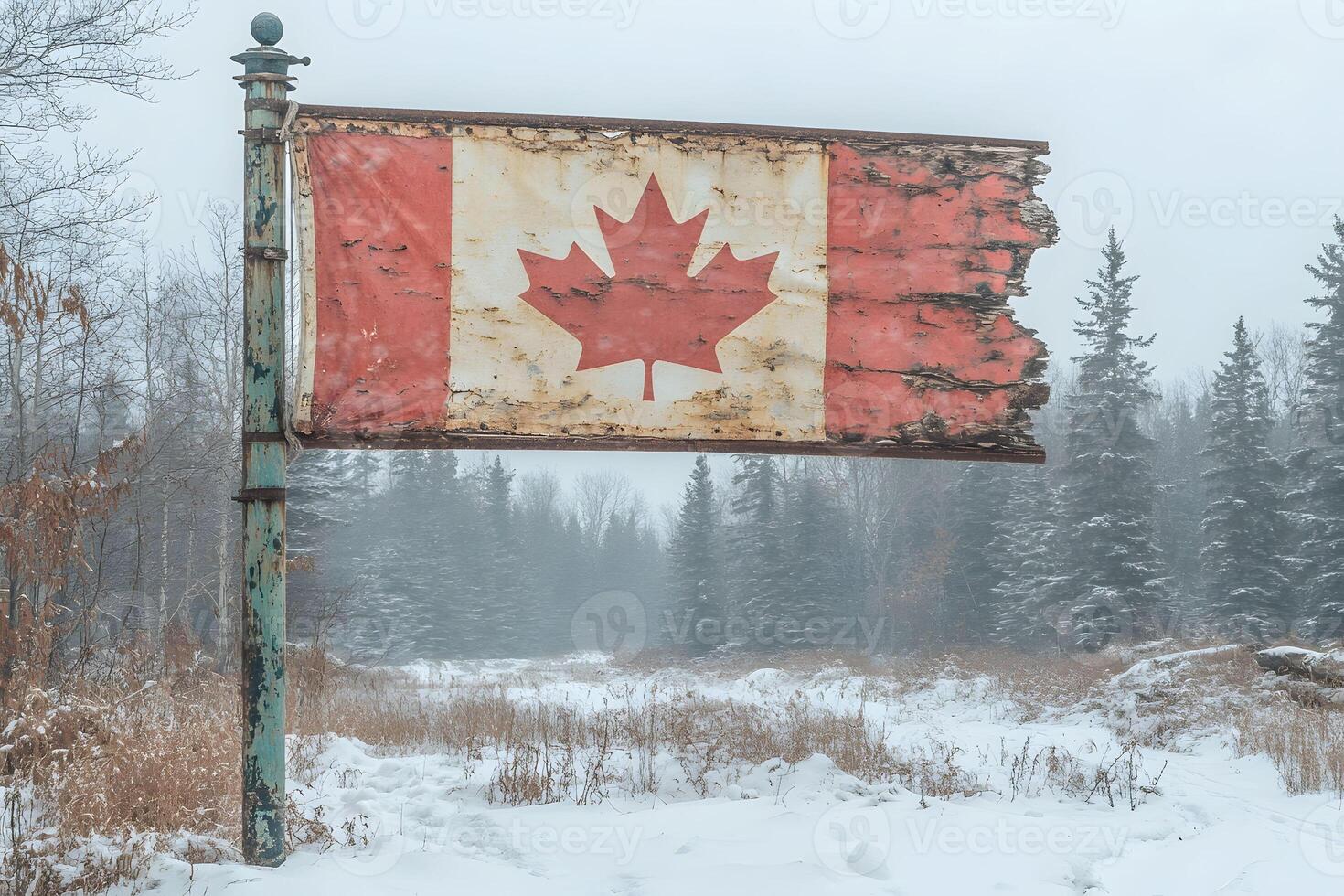 Weathered Canadian Flag in Winter Landscape Concept of Endurance and National Pride photo
