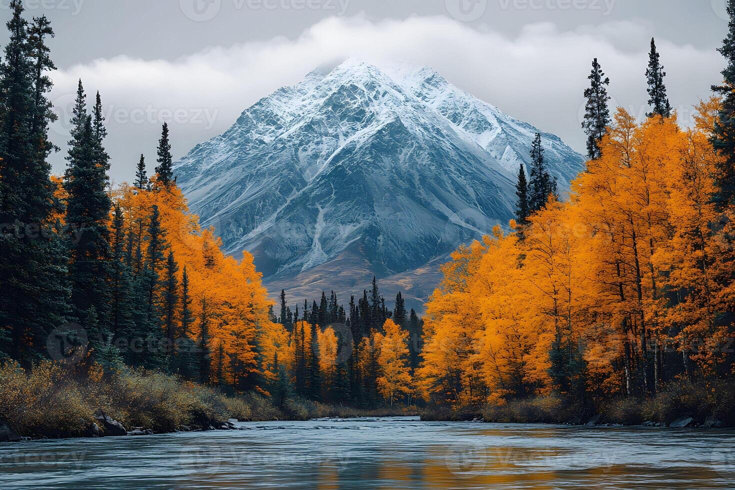 Autumn Mountain Landscape with Snow-Capped Peaks and Vibrant Foliage for Nature Prints photo