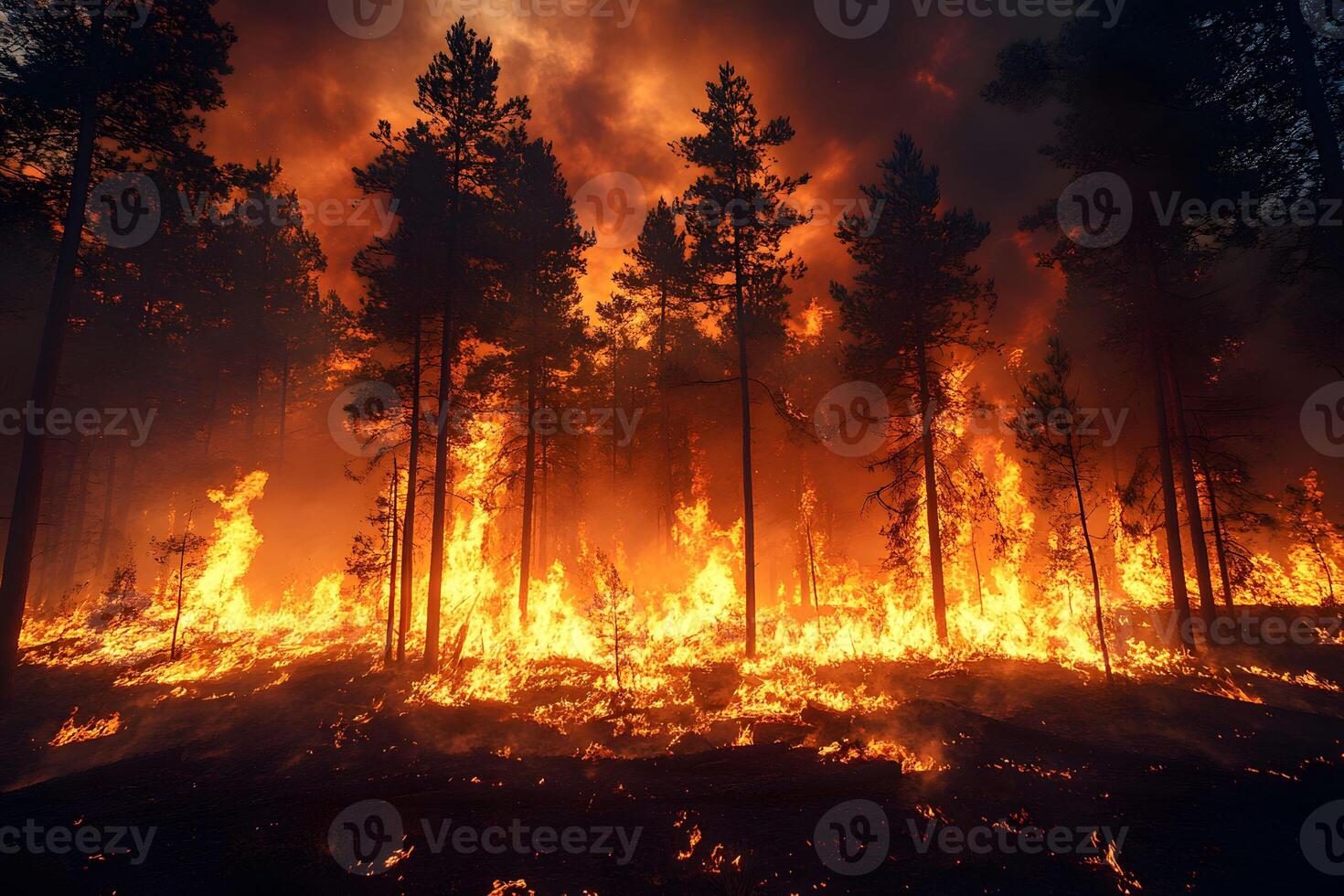 Forest Wildfire Under Dramatic Sky Climate Impact and Environmental Crisis photo