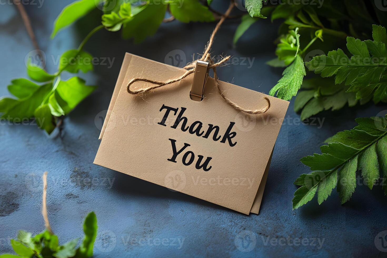 Thank You Card with Rustic Twine on Blue Background and Greenery for Gratitude Expression photo